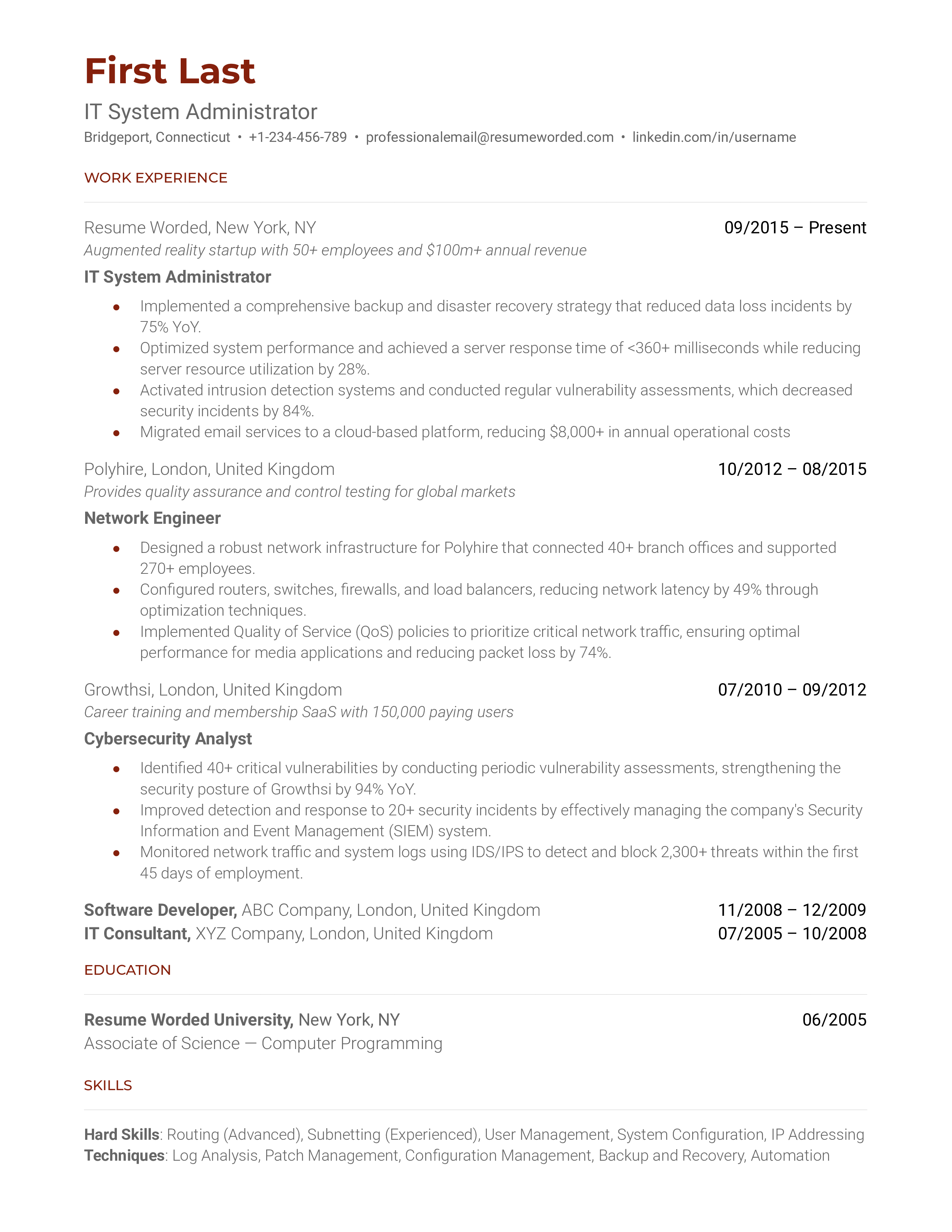 IT System Administrator Resume Sample