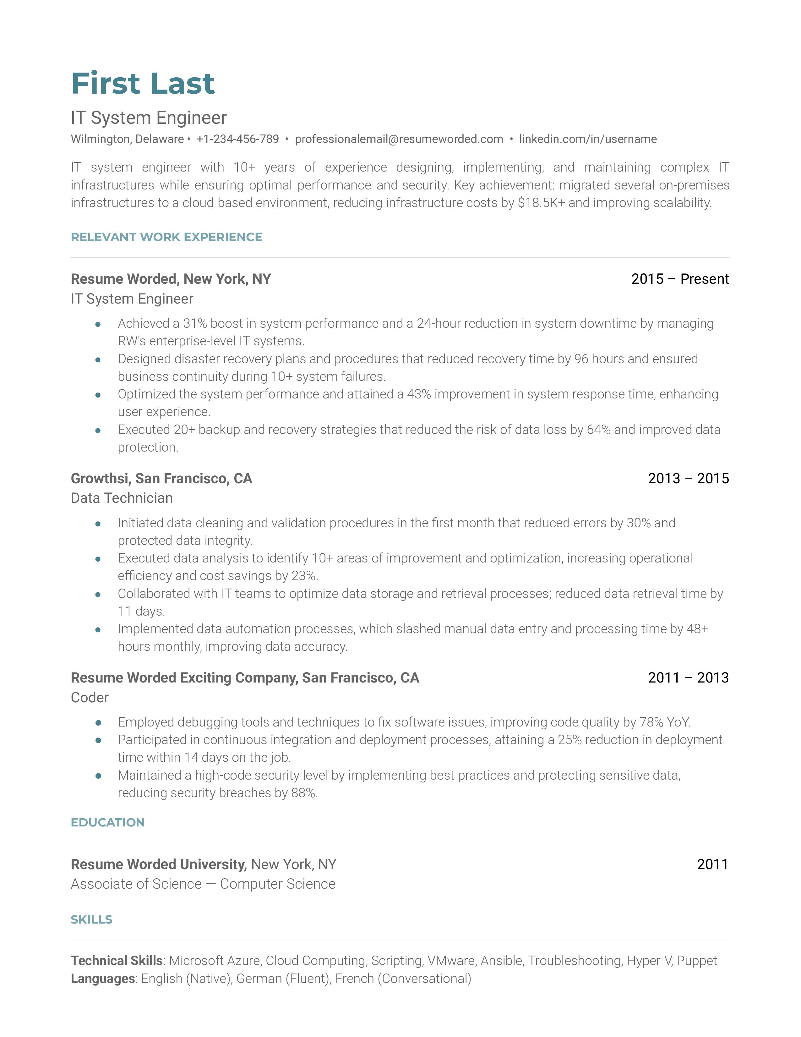 IT System Engineer Resume Sample