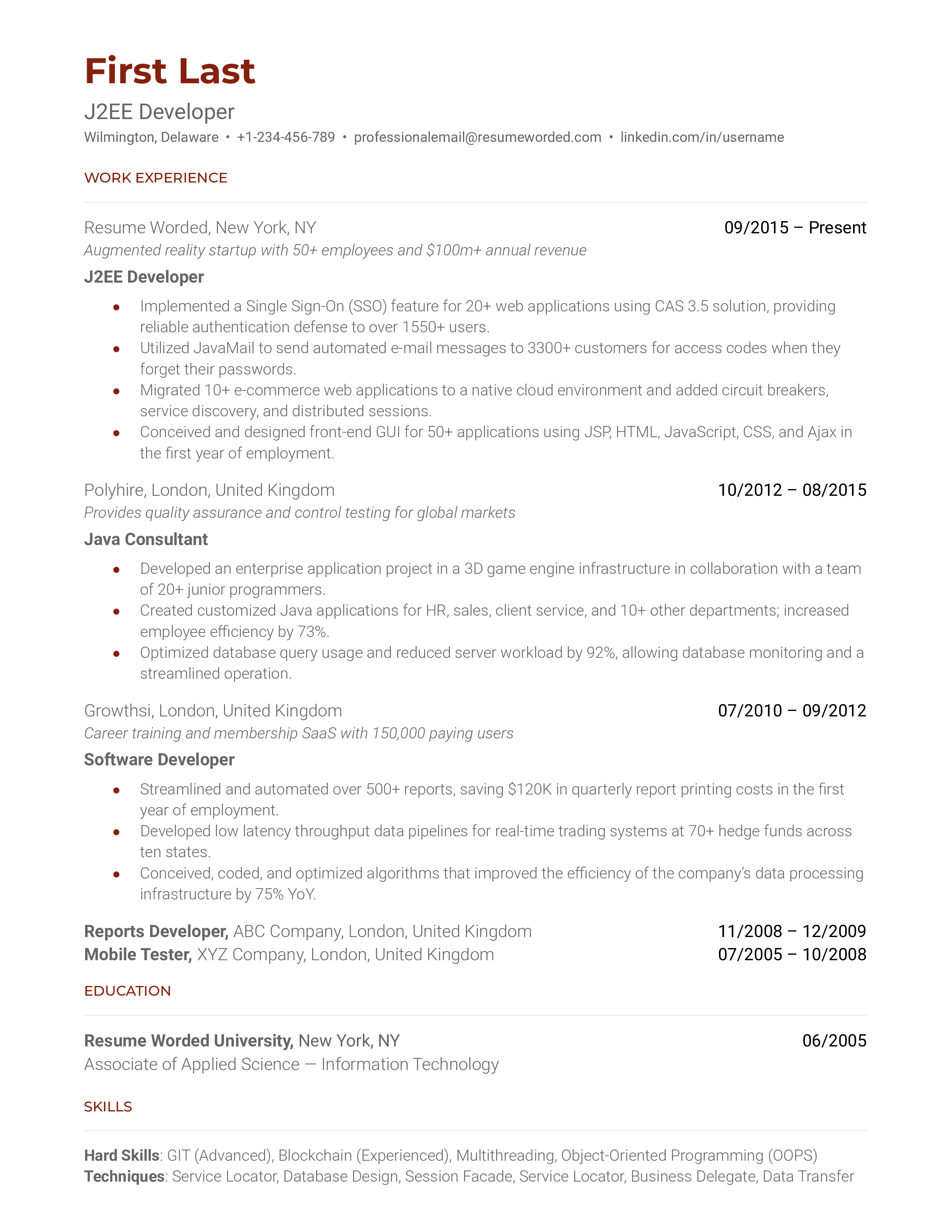 J2EE Developer Resume Sample