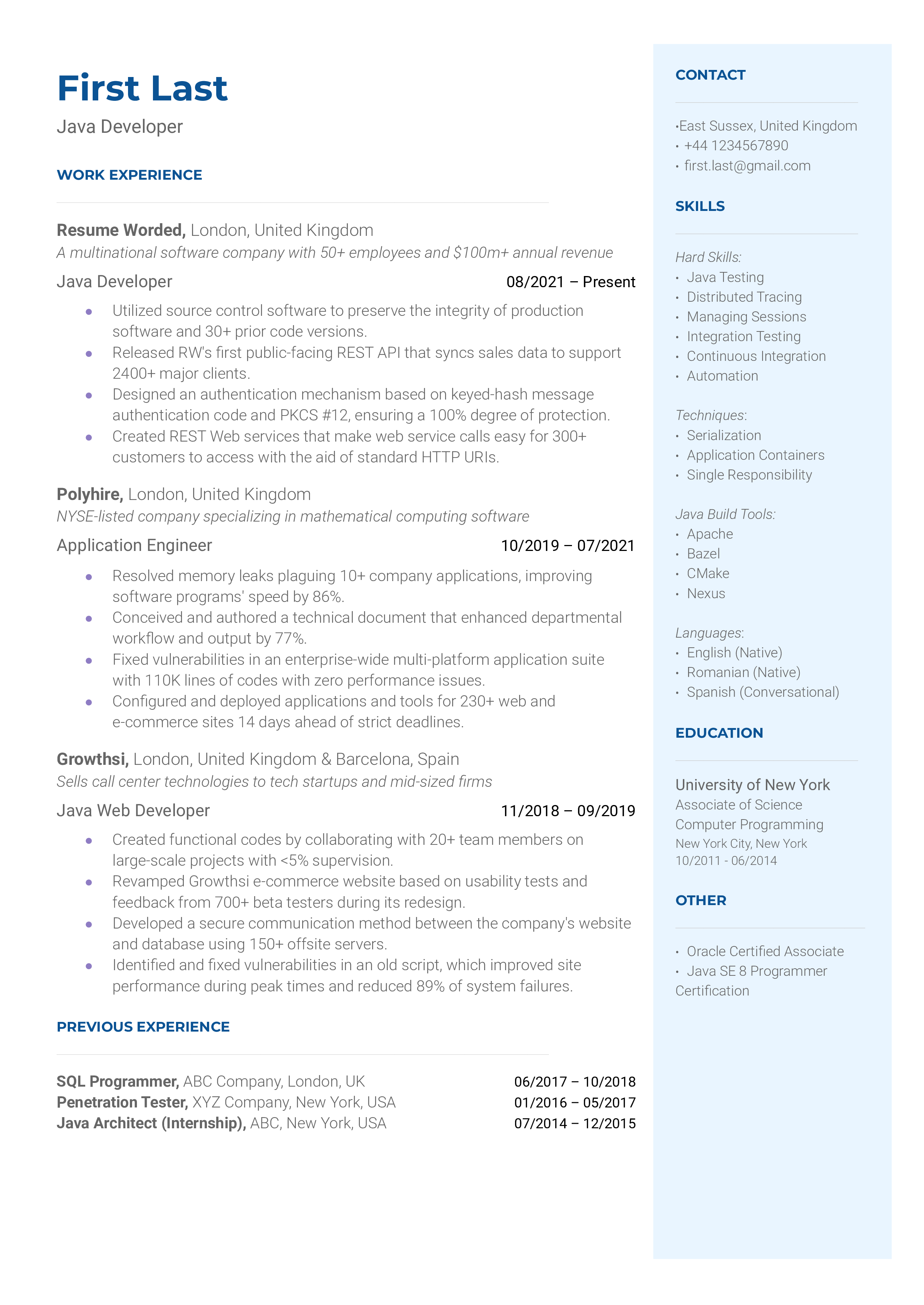 Java Developer Resume Sample