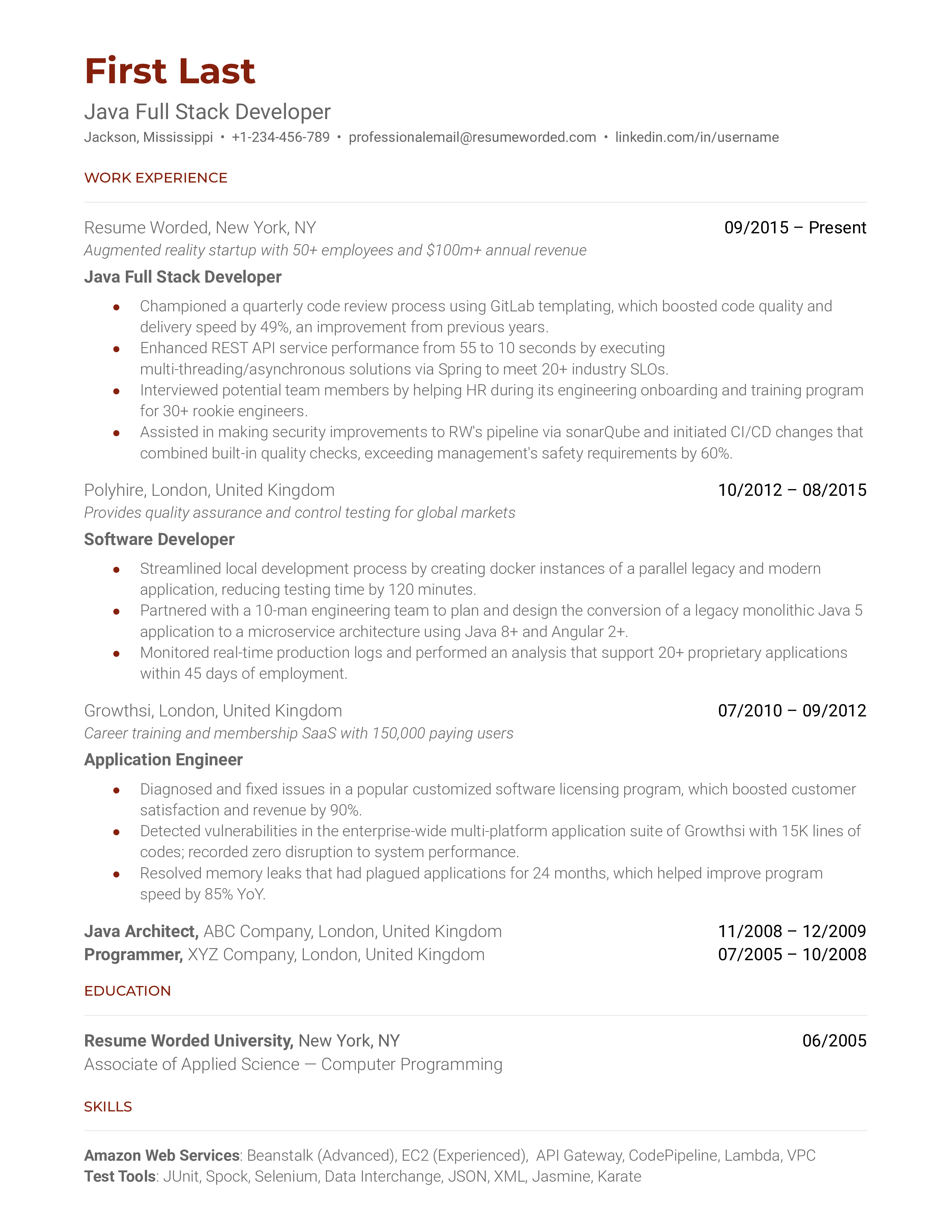 Java Full Stack Developer Resume Sample