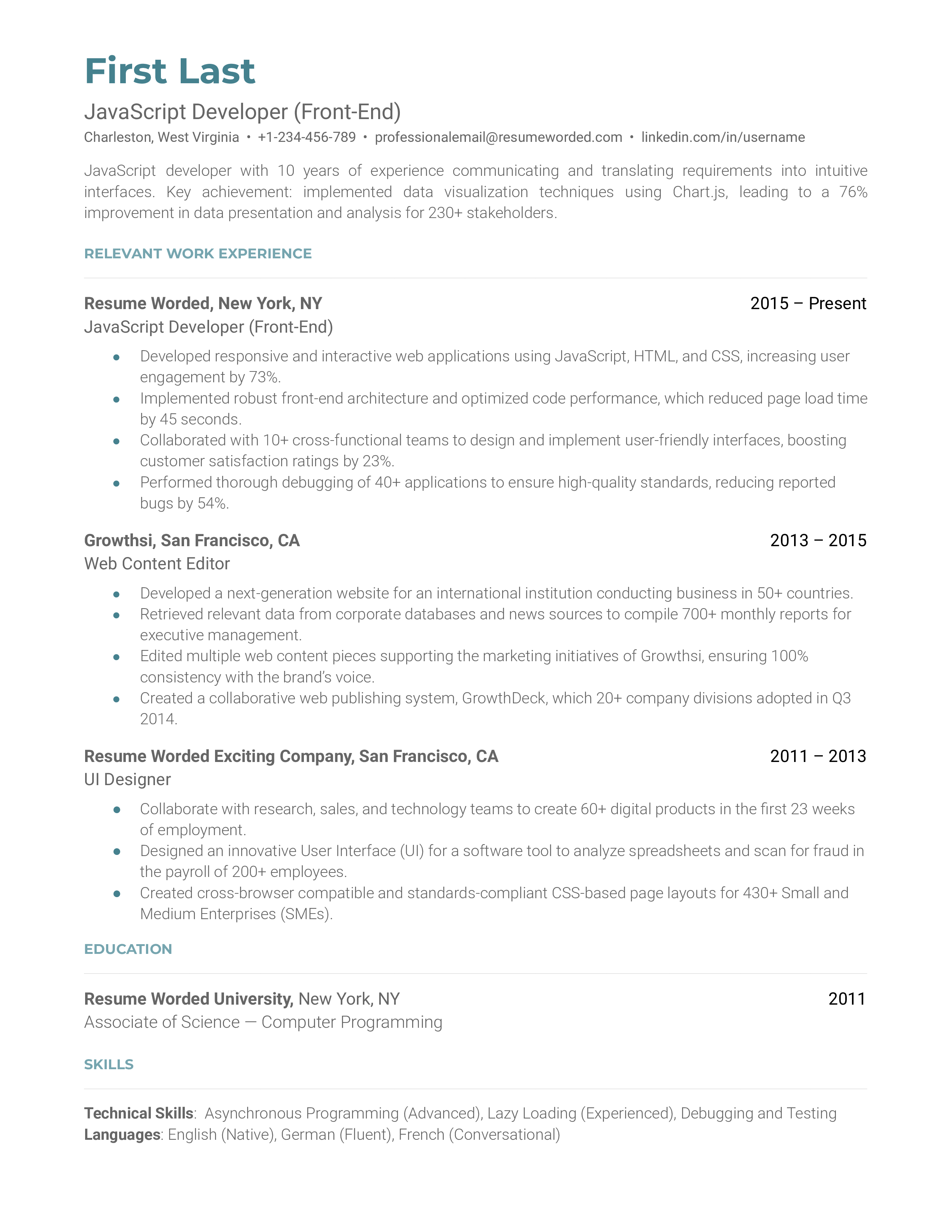 JavaScript Developer (Front-End) Resume Sample