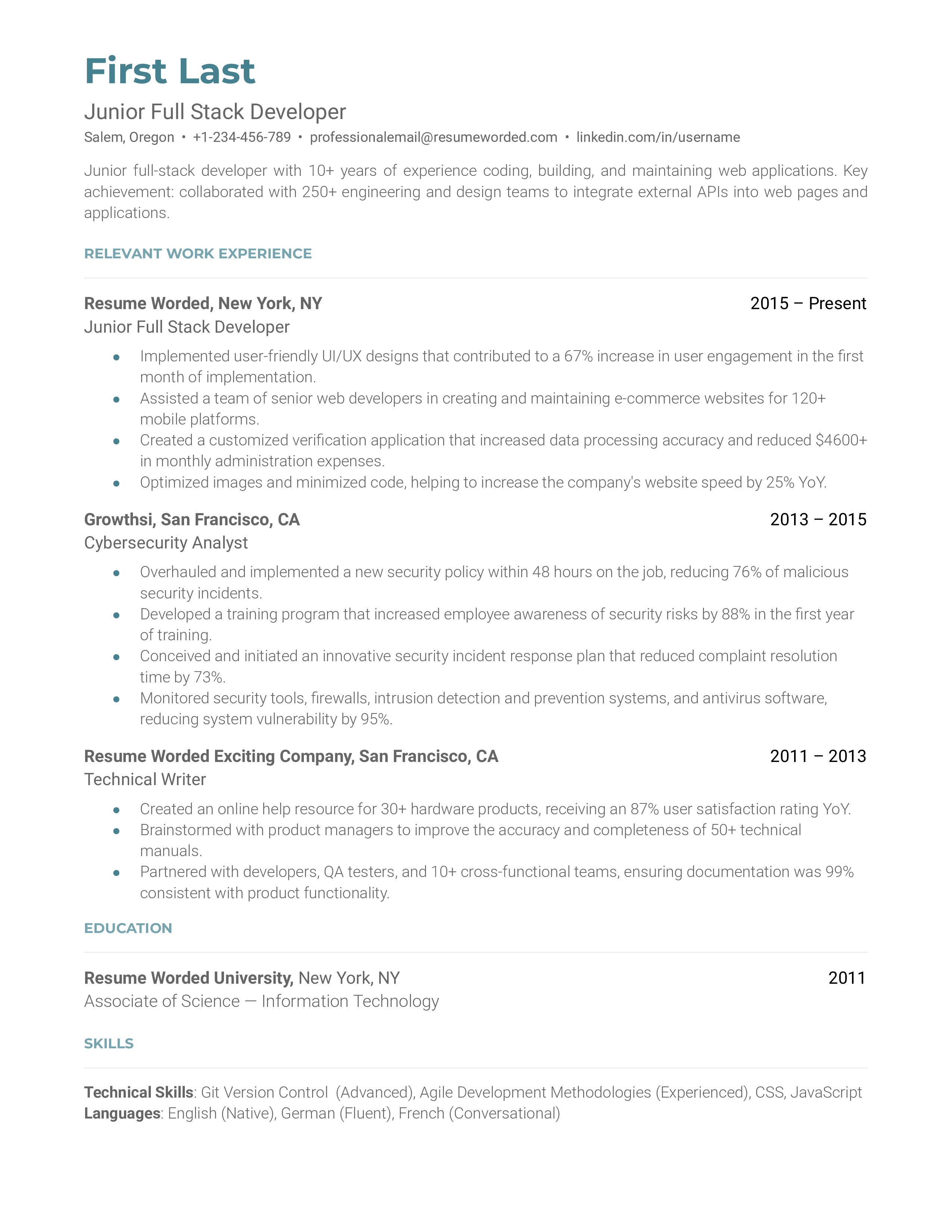 Junior Full Stack Developer Resume Sample
