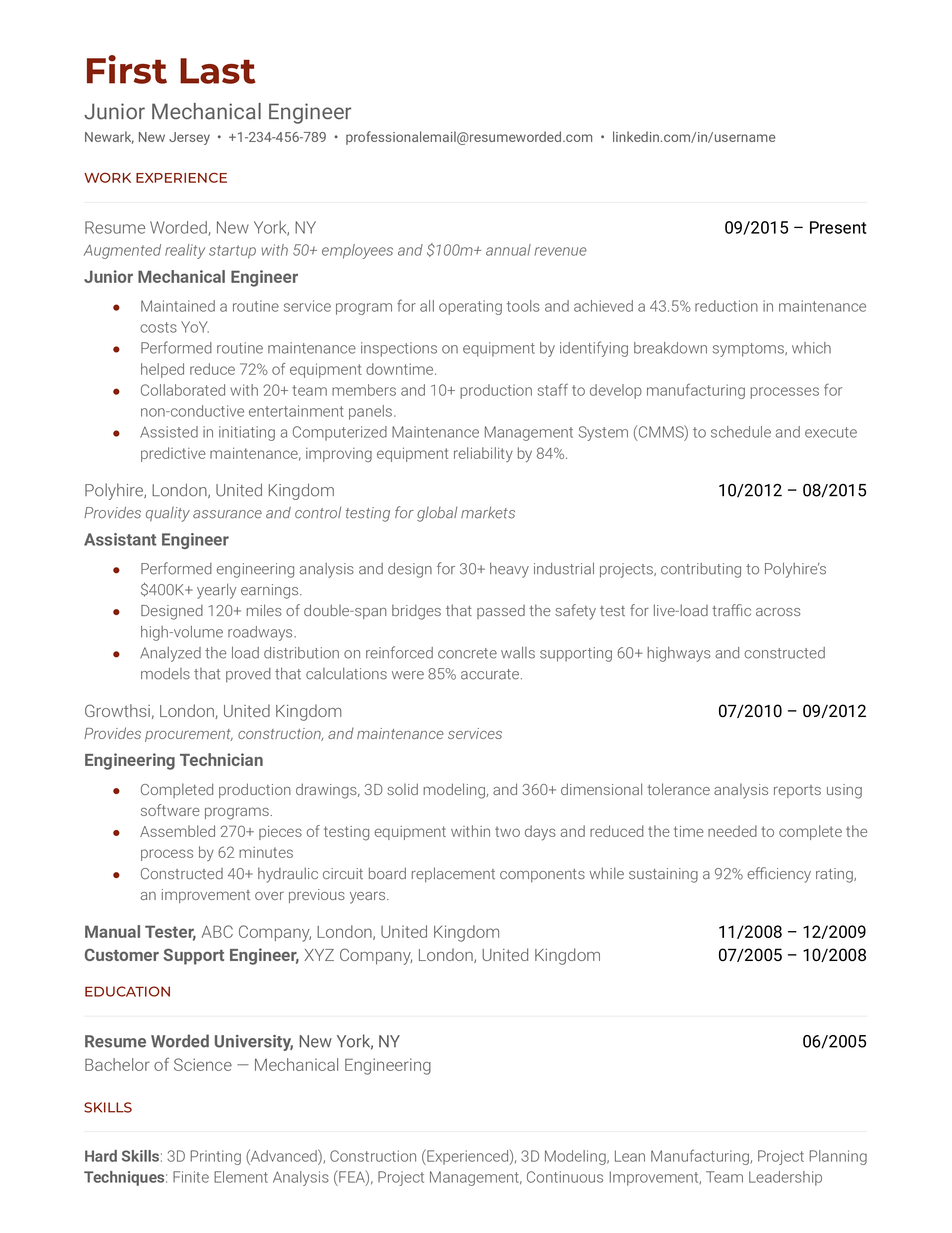 Junior Mechanical Engineer Resume Sample