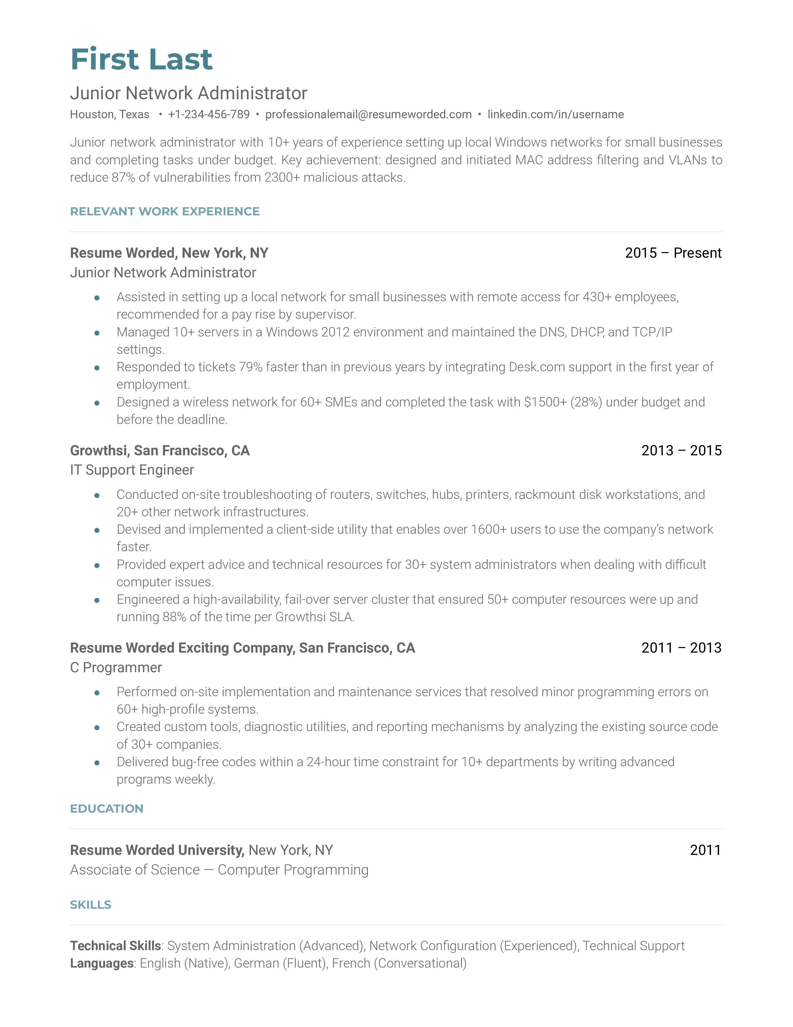 Junior Network Administrator Resume Sample
