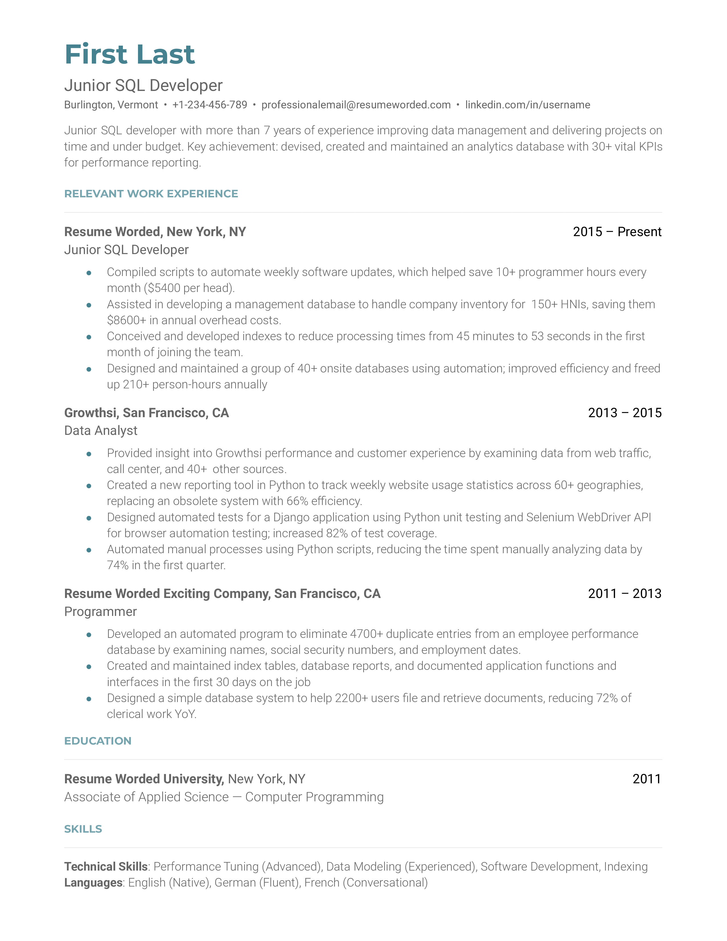 Junior SQL Developer Resume Sample