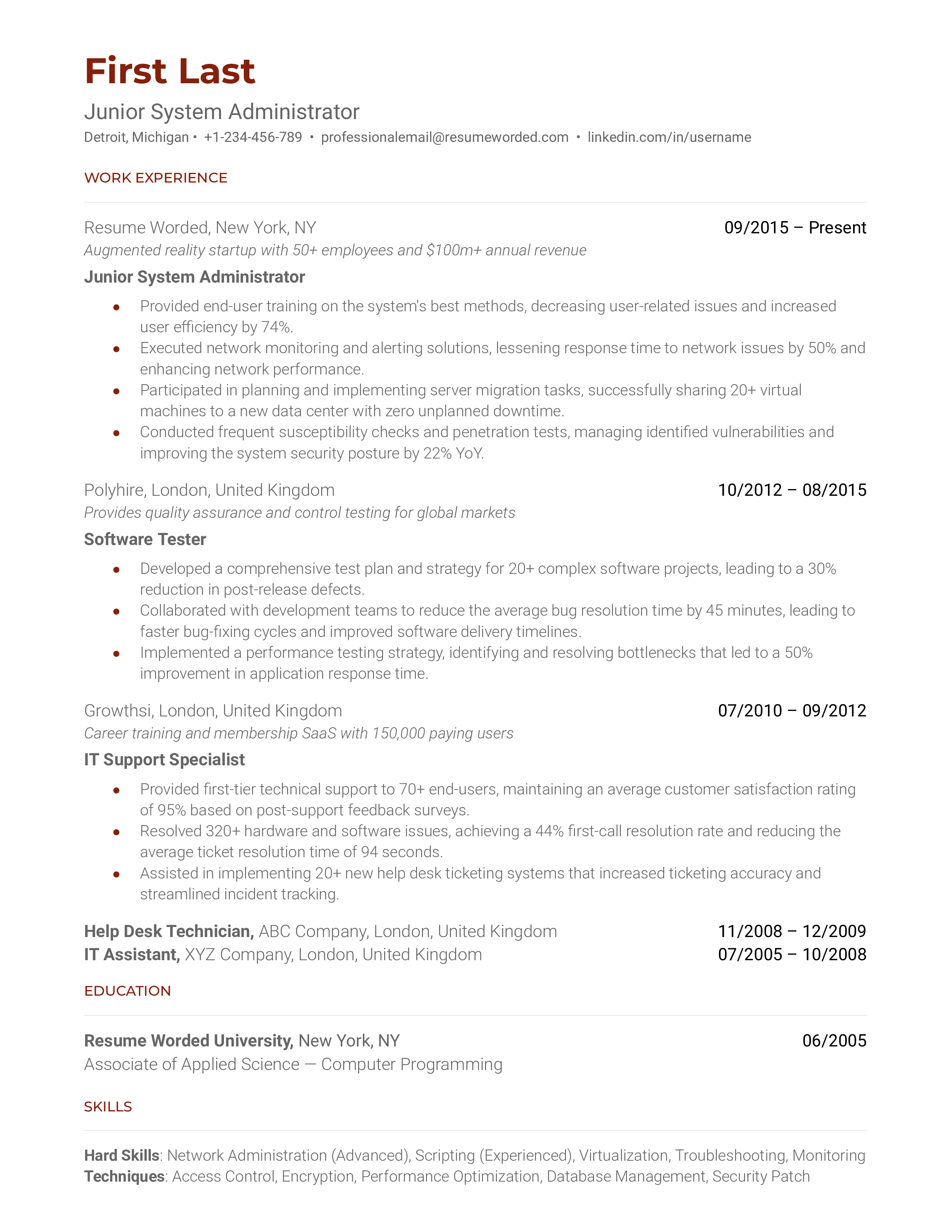 Junior System Administrator Resume Sample