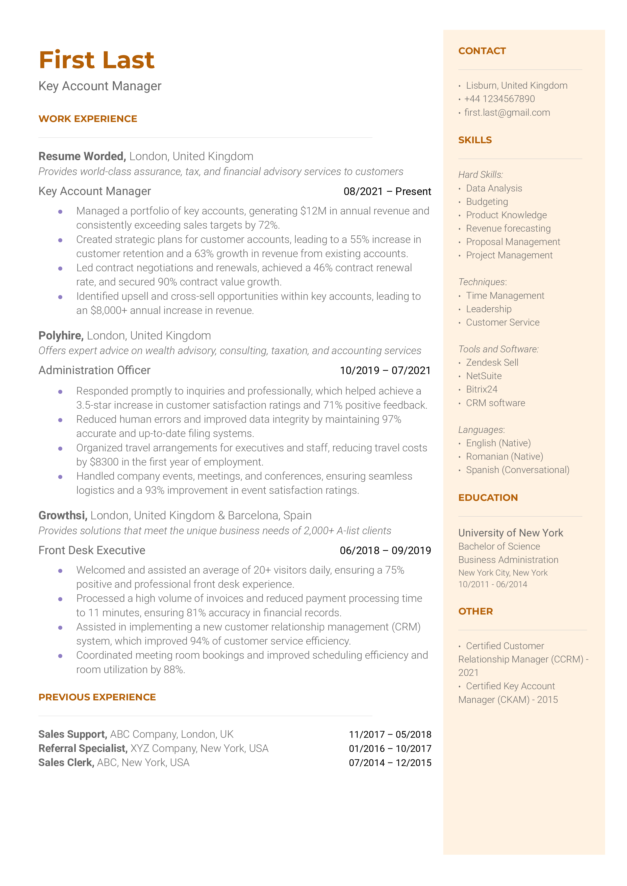 Key Account Manager Resume Sample