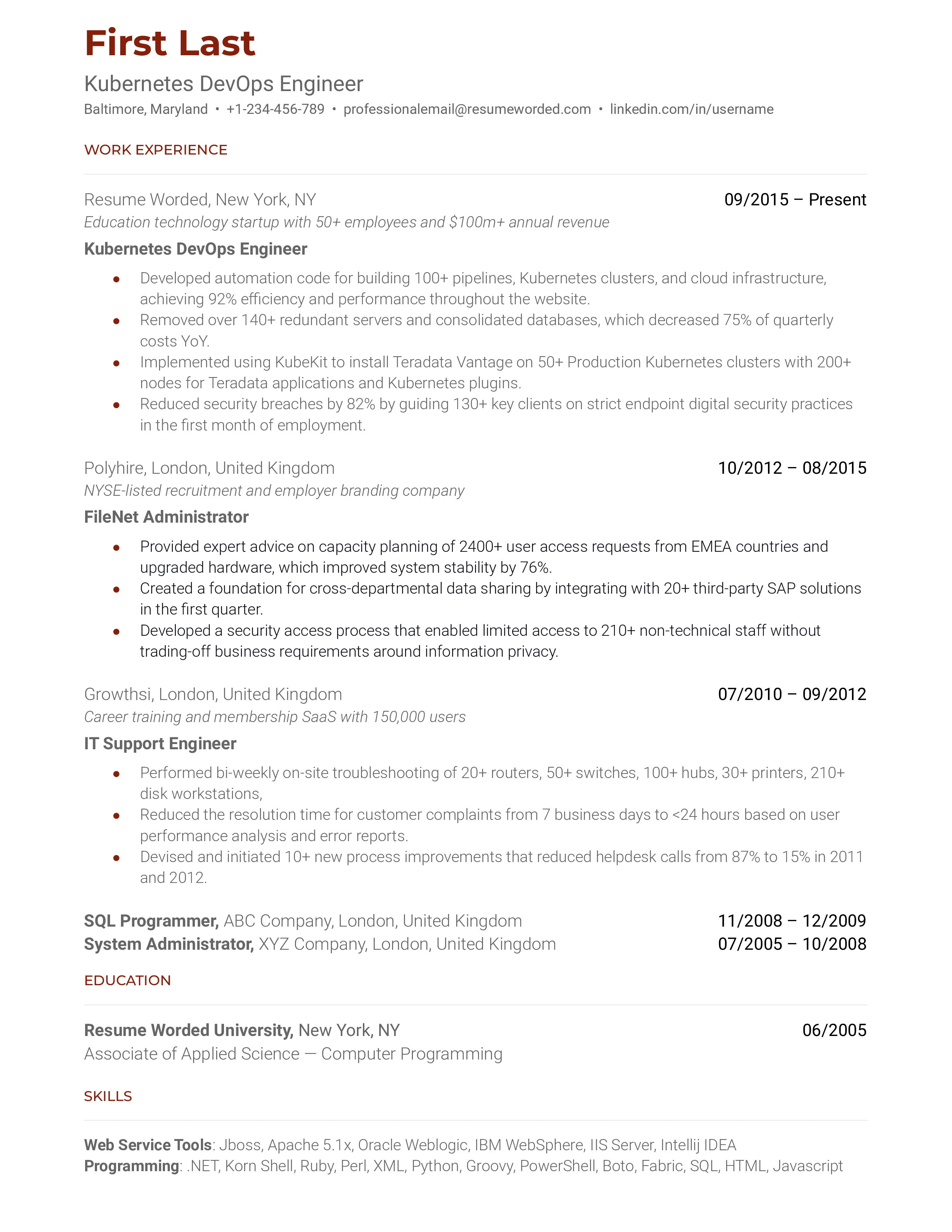 Kubernetes DevOps Engineer Resume Sample