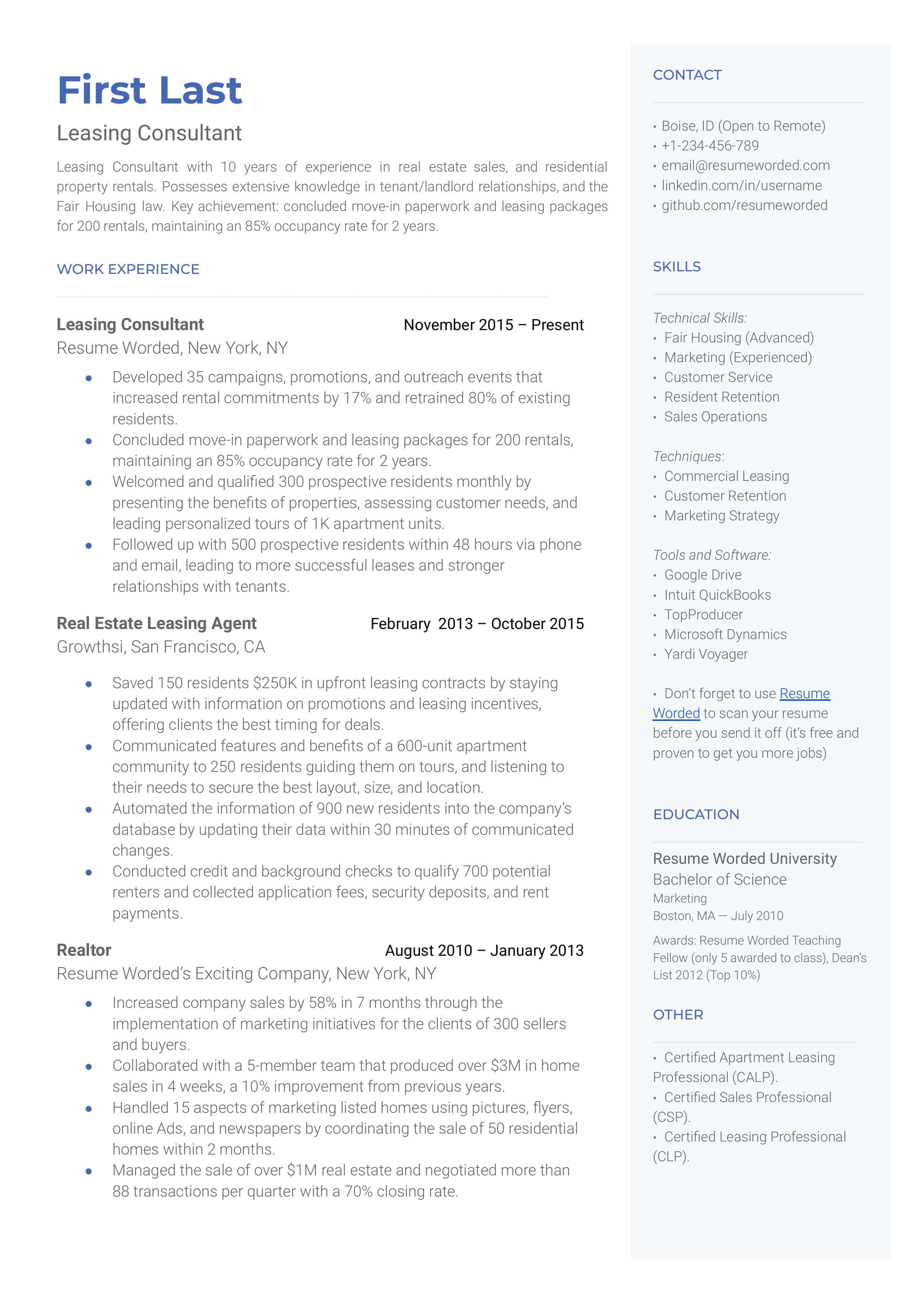 Leasing Consultant  Resume Sample