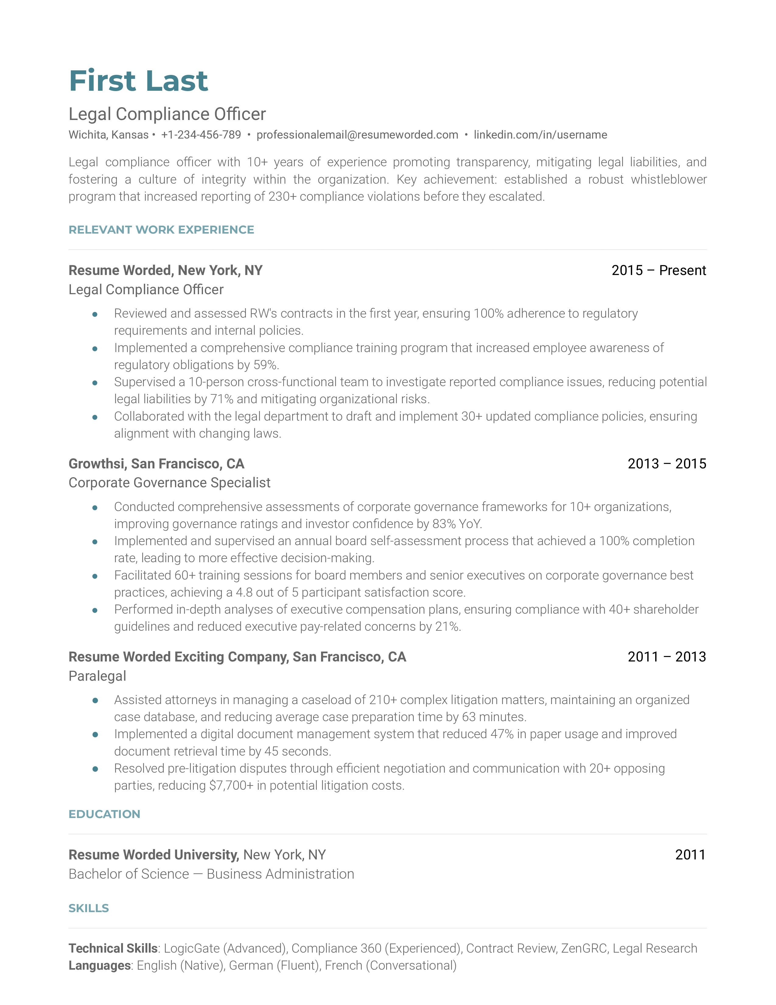 Legal Compliance Officer Resume Sample