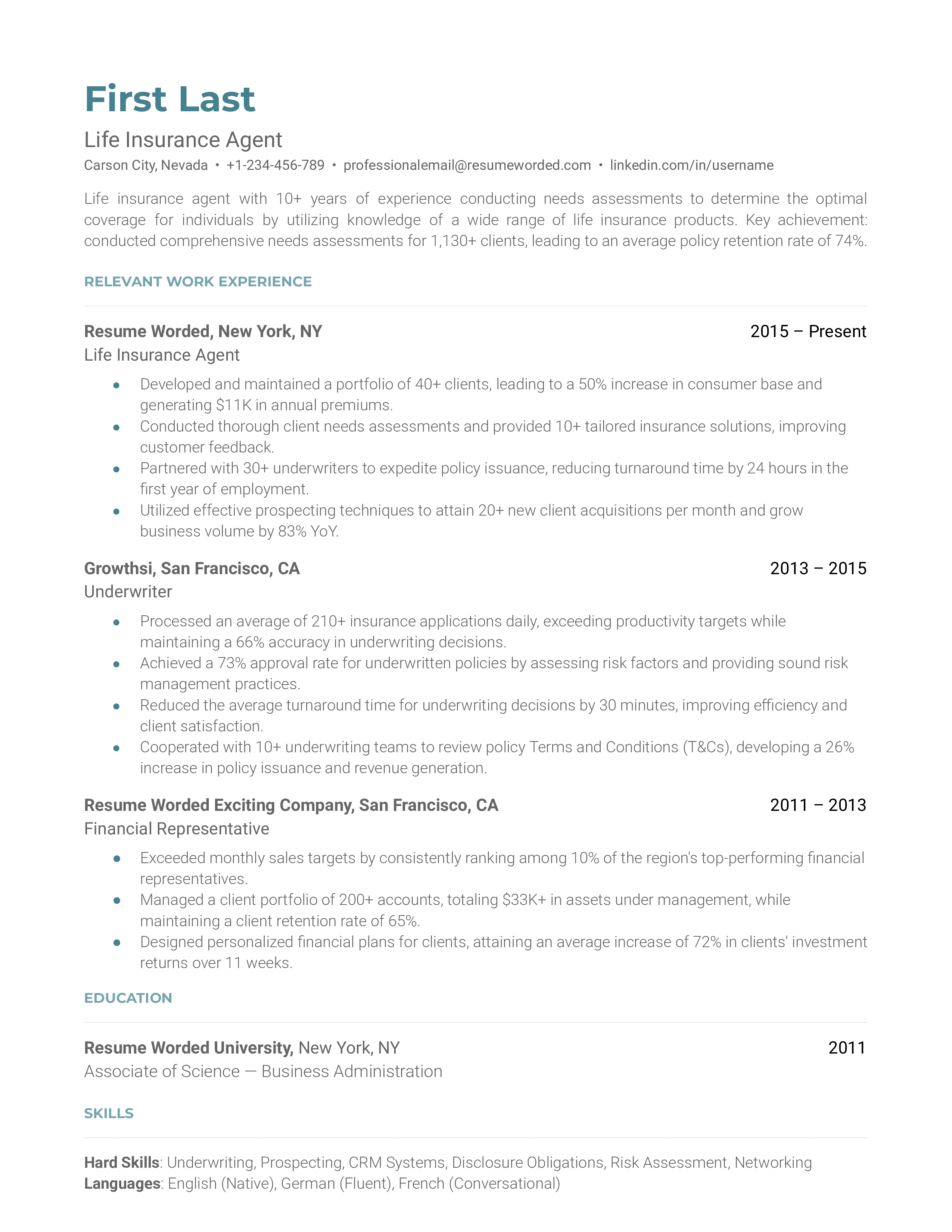 Life Insurance Agent Resume Sample