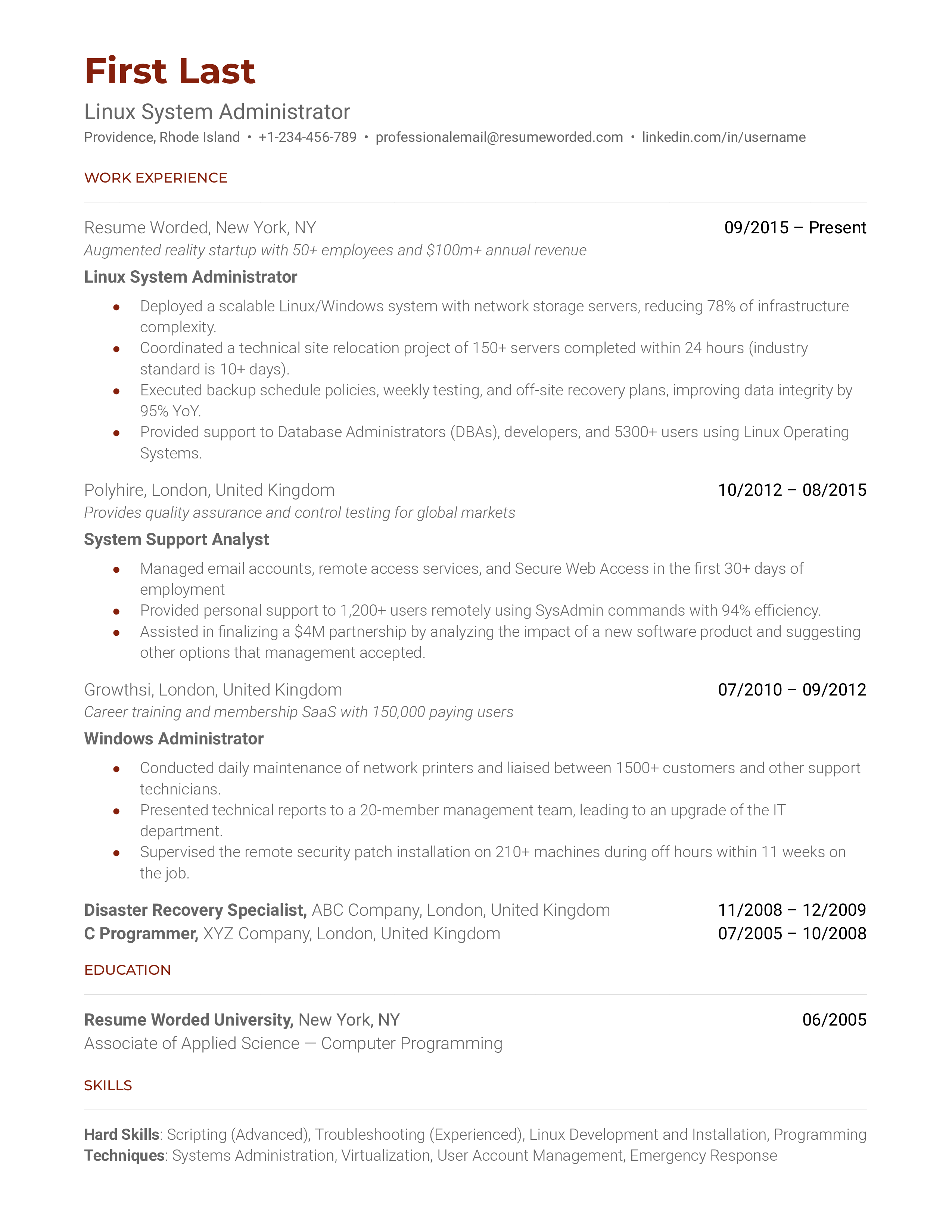 Linux System Administrator Resume Sample