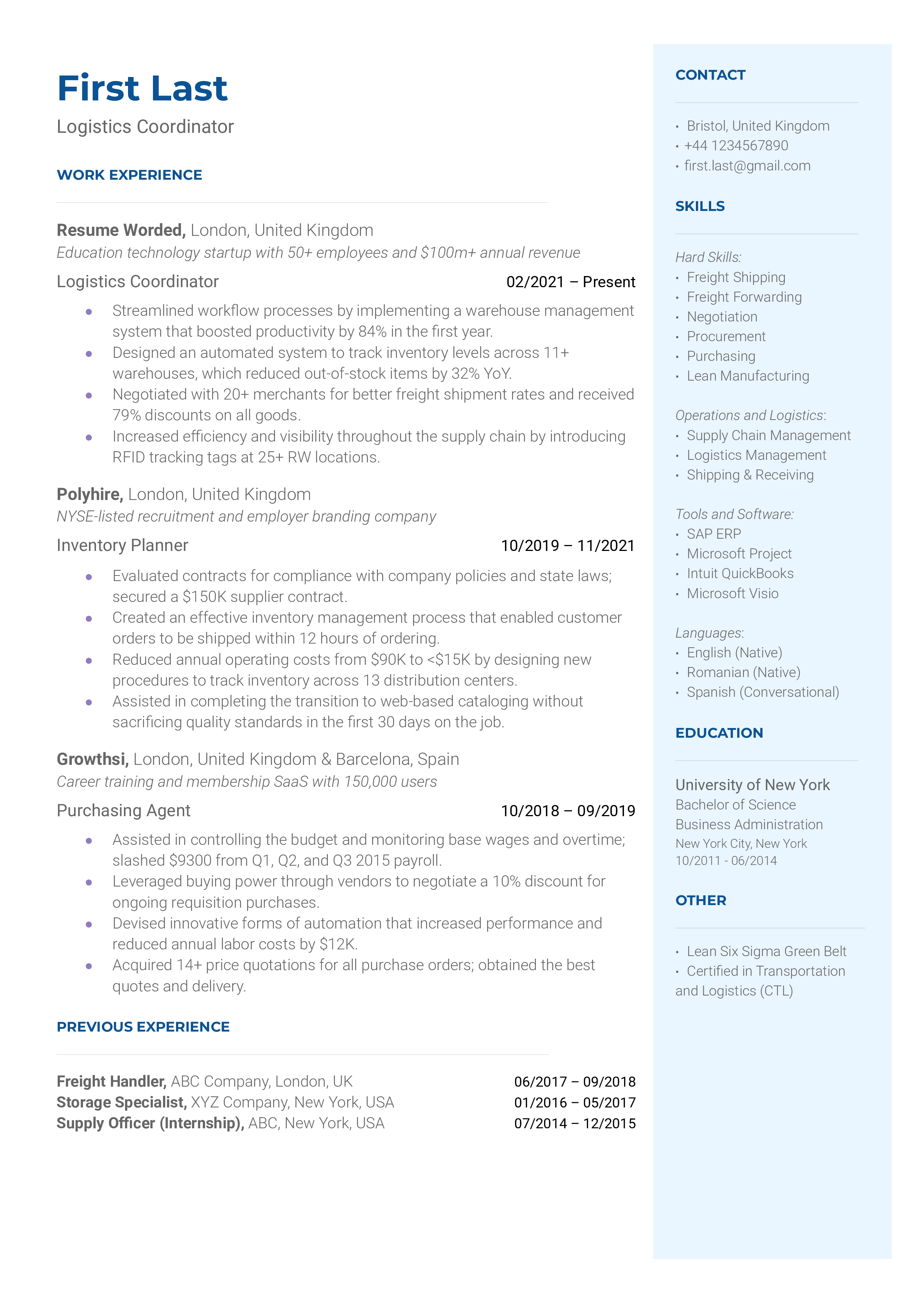 Logistics Coordinator Resume Sample