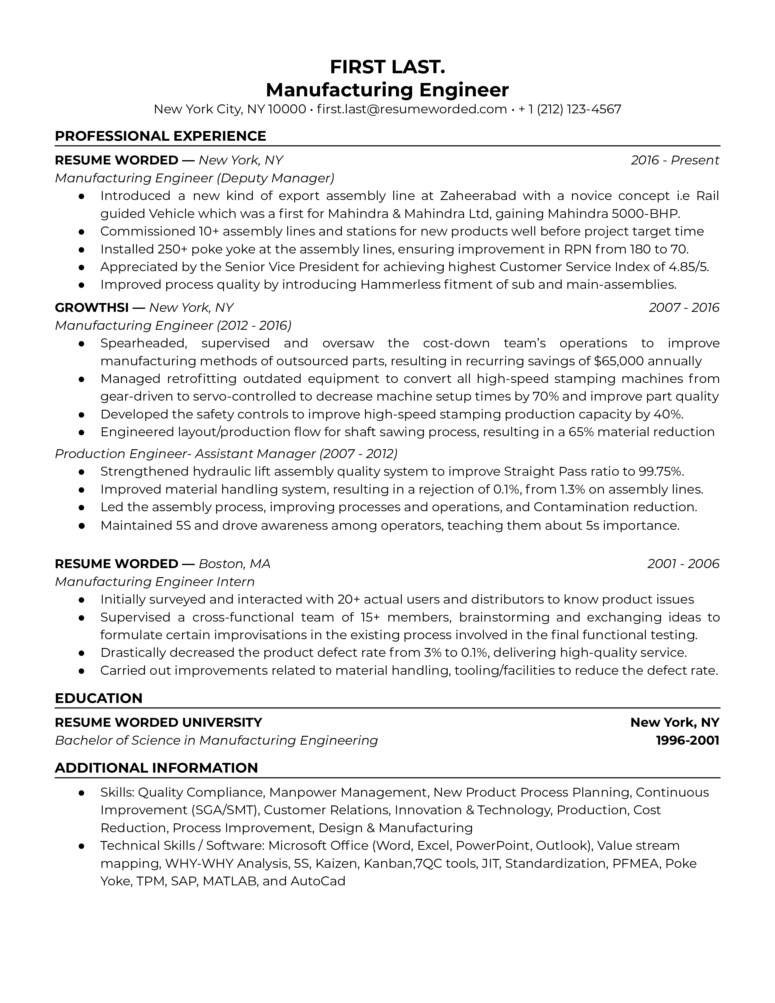 Manufacturing Engineer Resume Sample