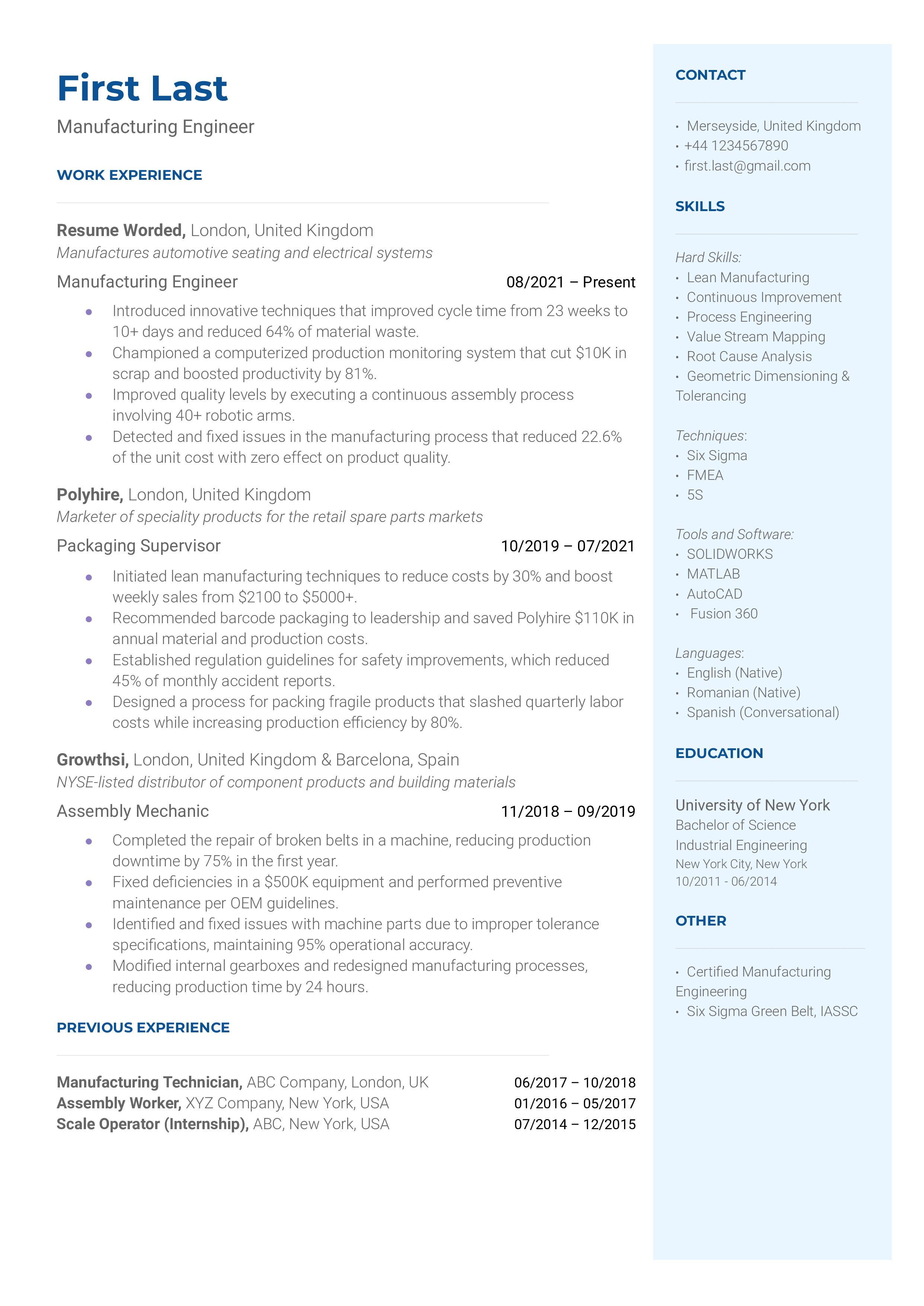 Manufacturing Engineer Resume Sample