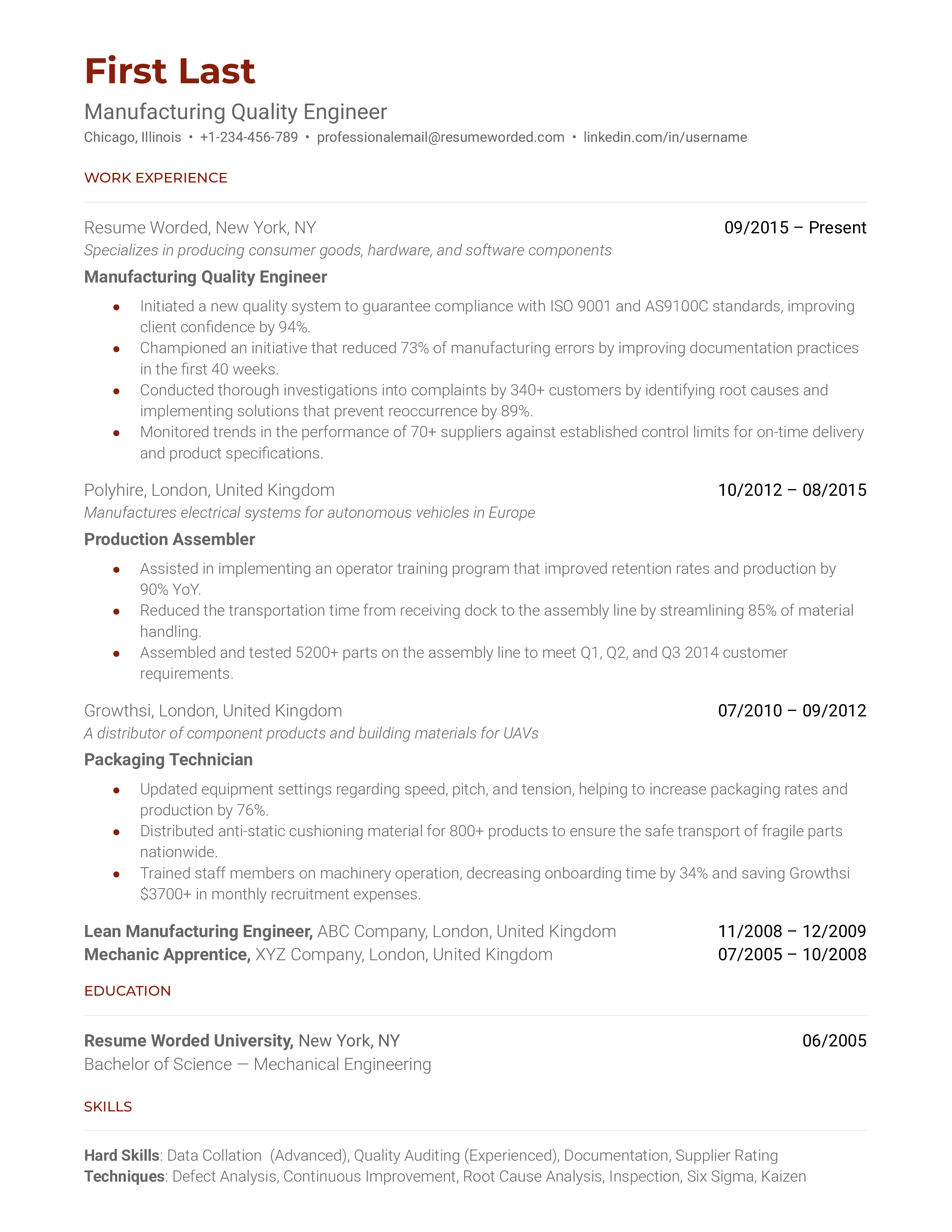 Manufacturing Quality Engineer Resume Sample