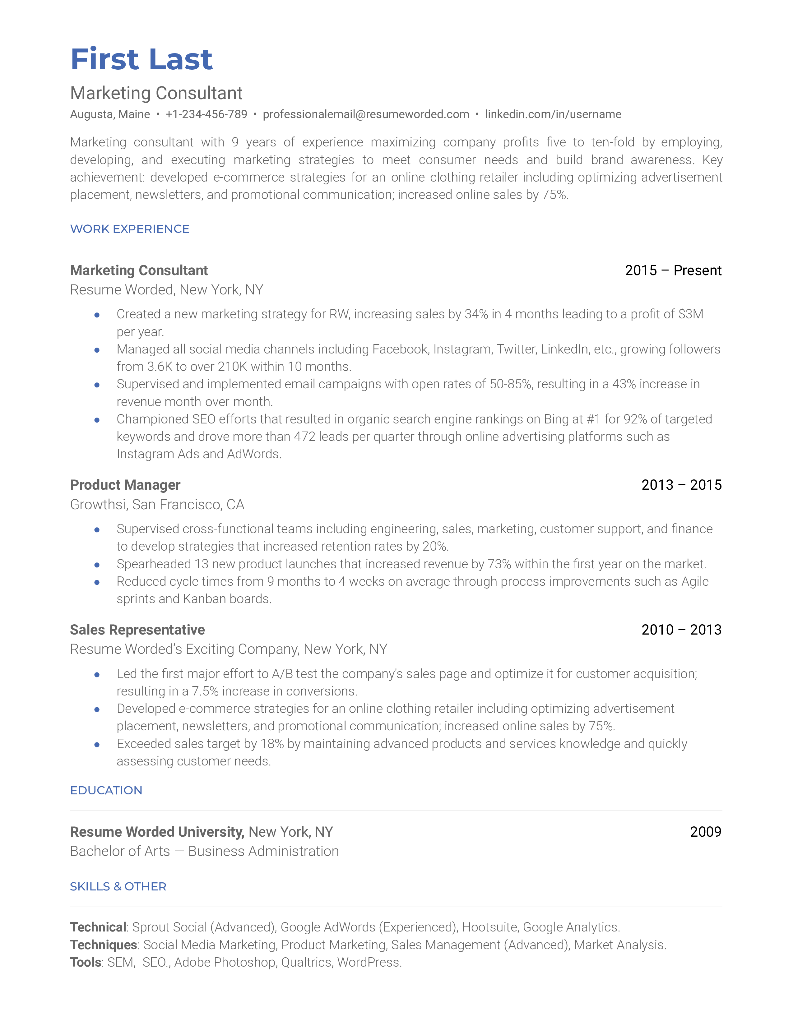 Marketing Consultant Resume Sample A marketing consultant resume template that organizes work experience chronologically.