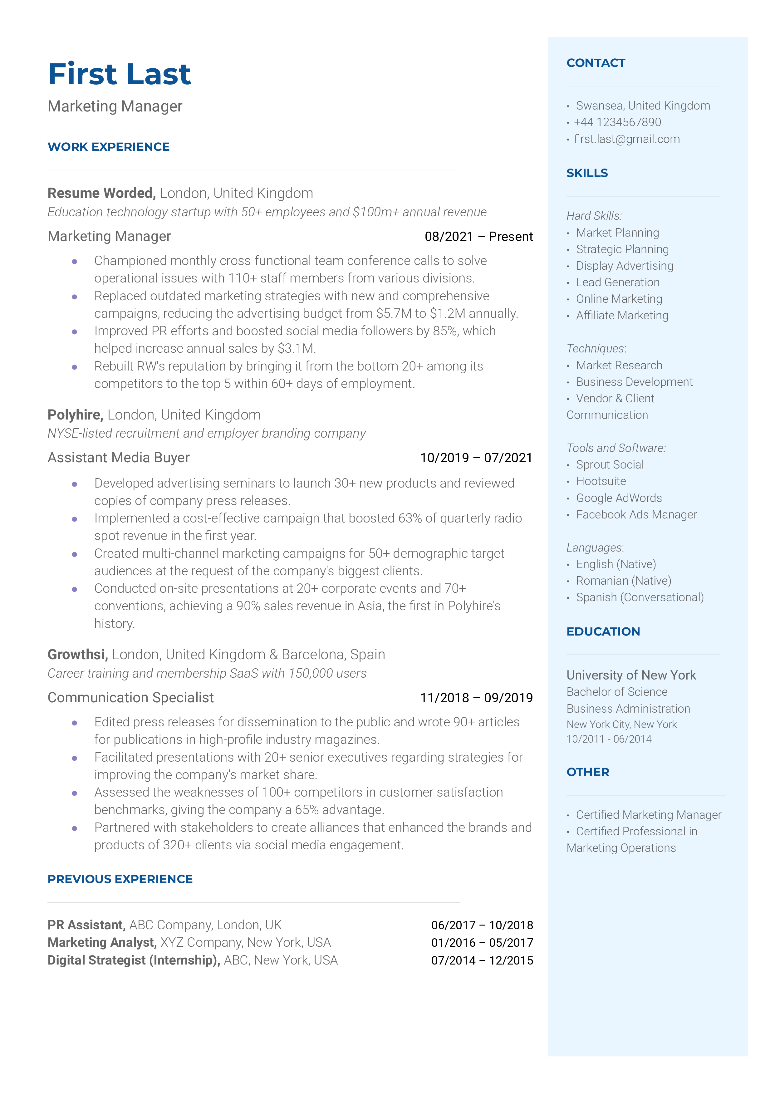 Marketing Manager Resume Sample