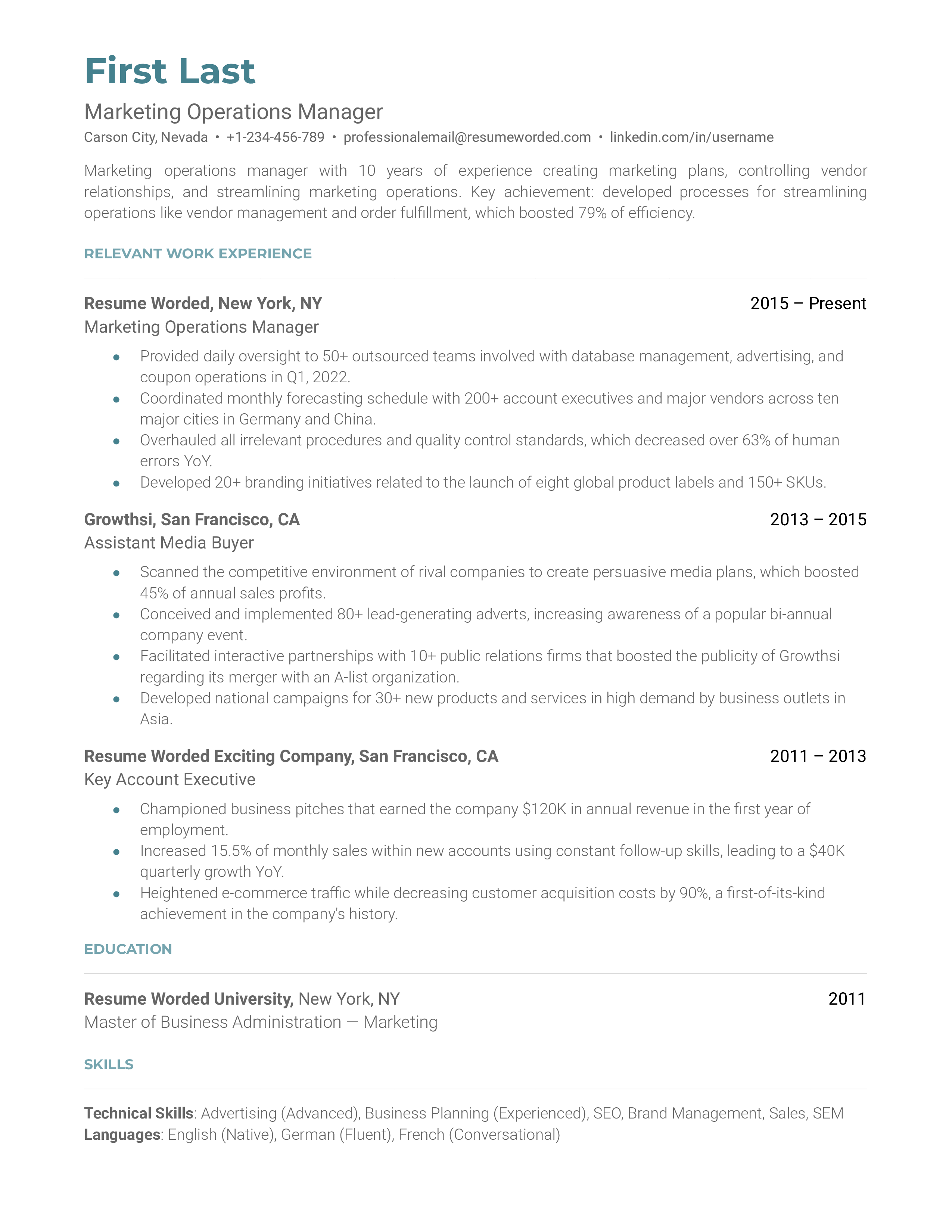 Marketing Operations Manager Resume Sample