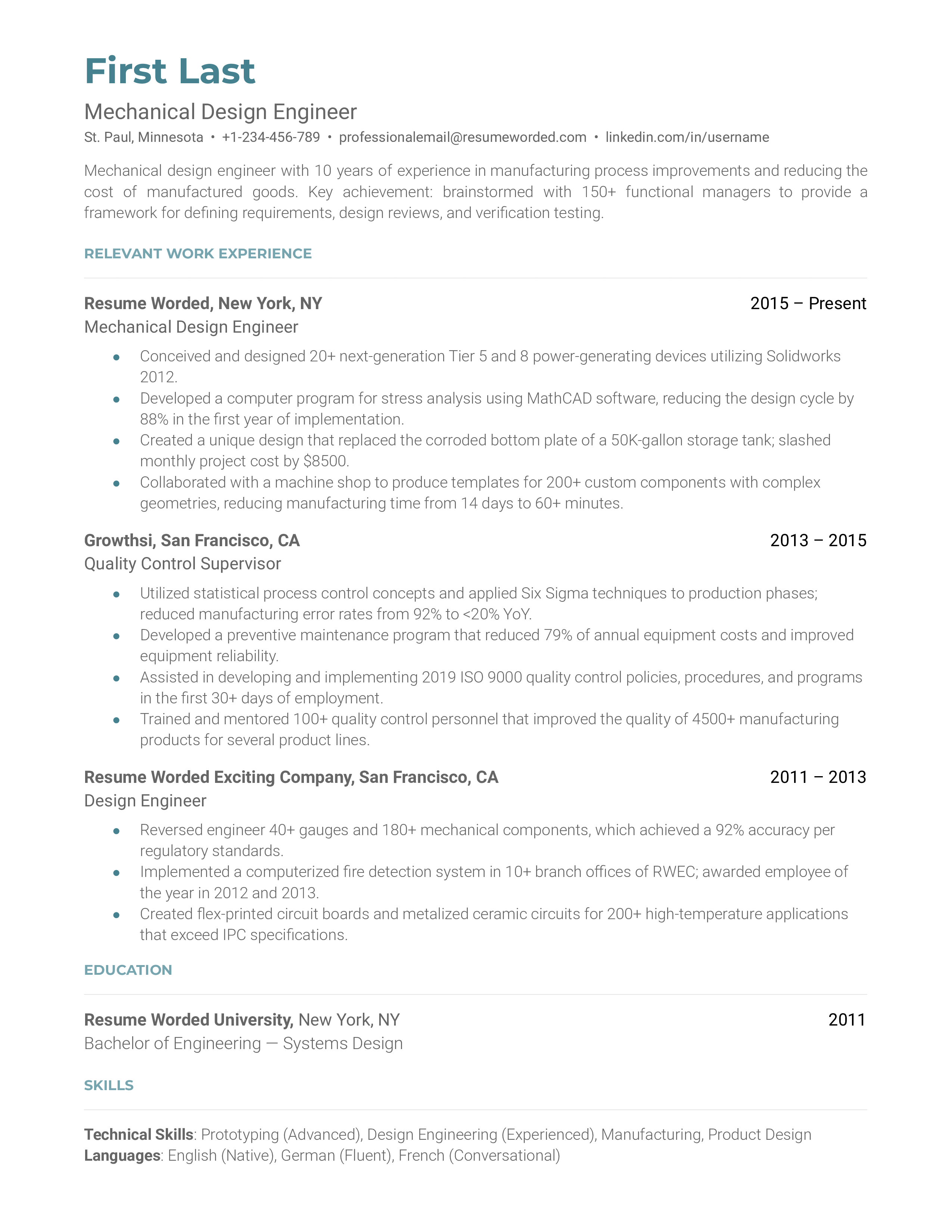   Mechanical Design Engineer Resume Sample