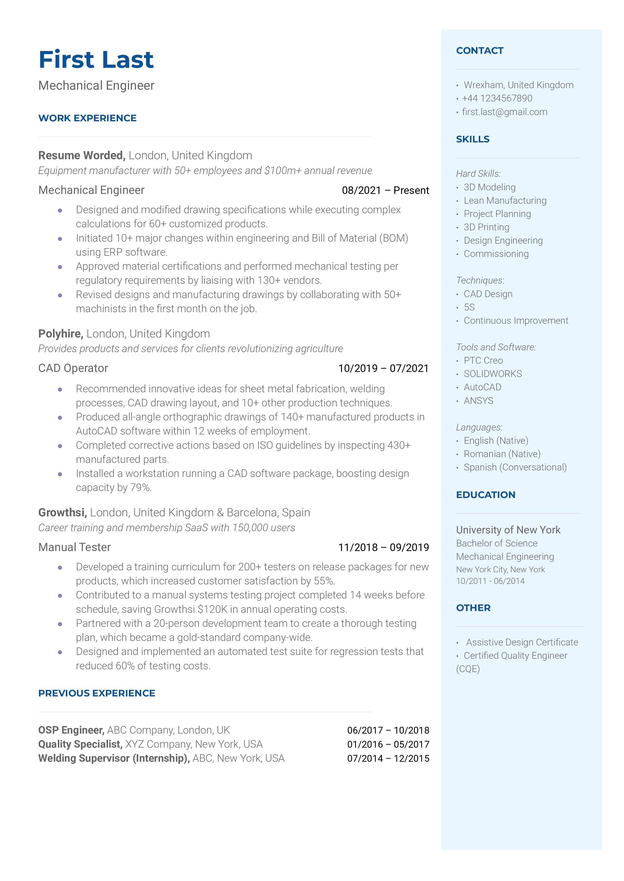 Mechanical Engineer Resume Sample