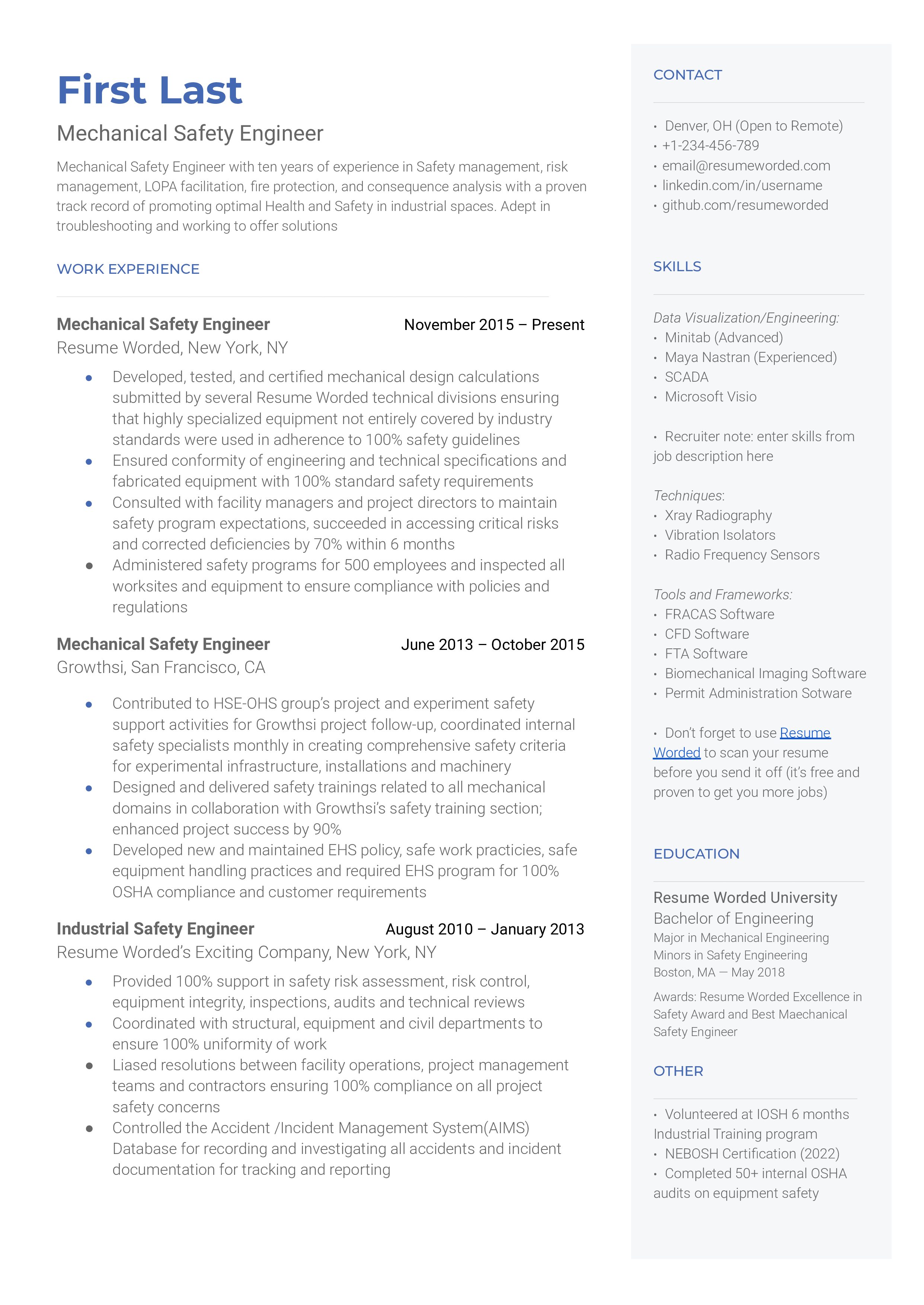 Mechanical Safety Engineer  Resume Sample
