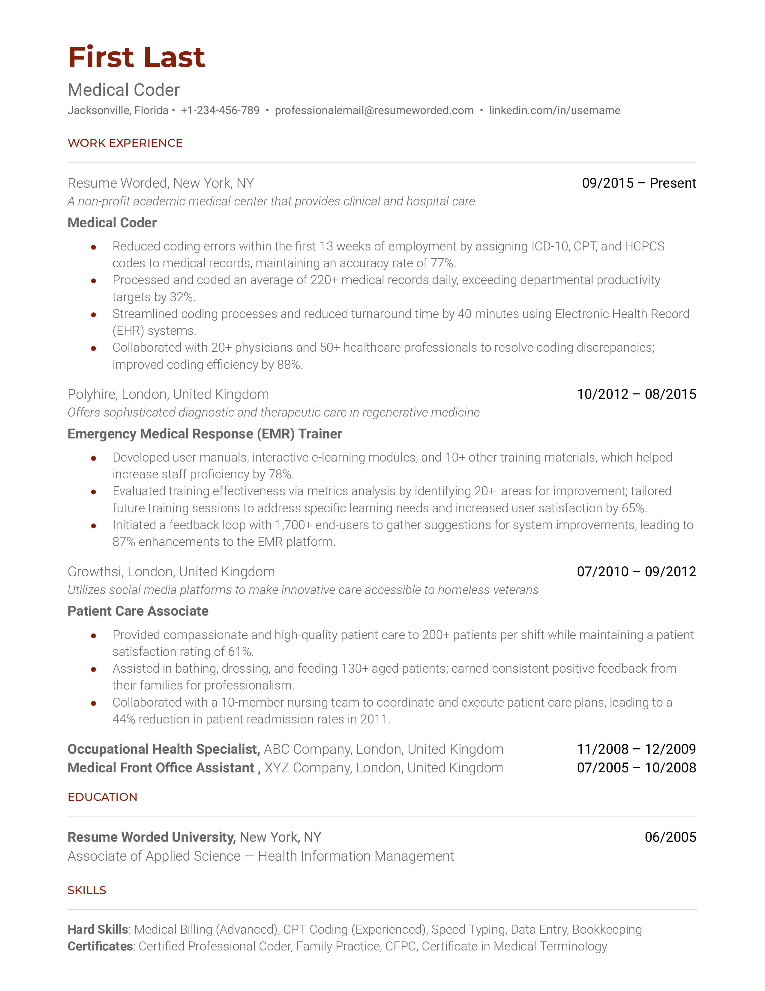 Medical Coder Resume Sample