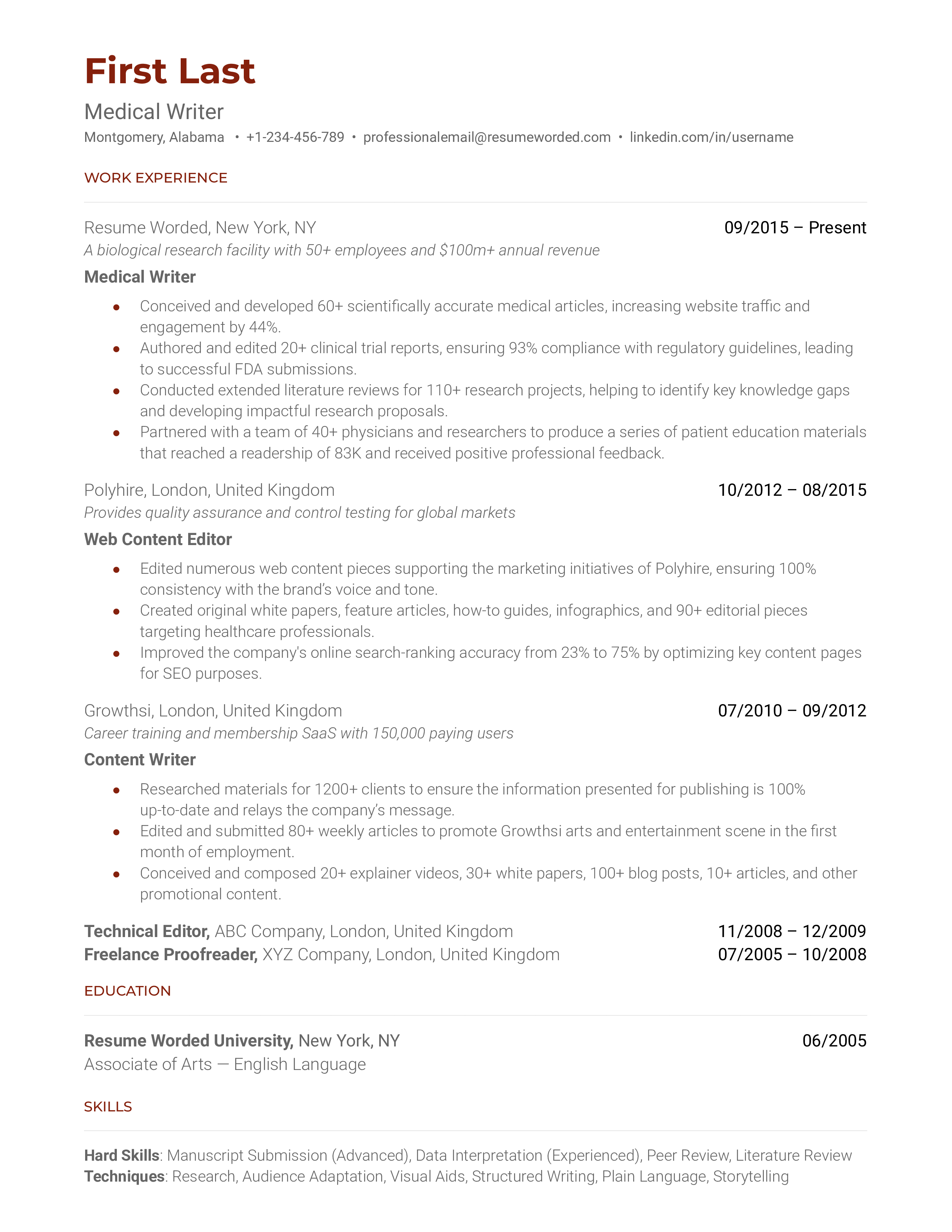 Medical Writer Resume Sample