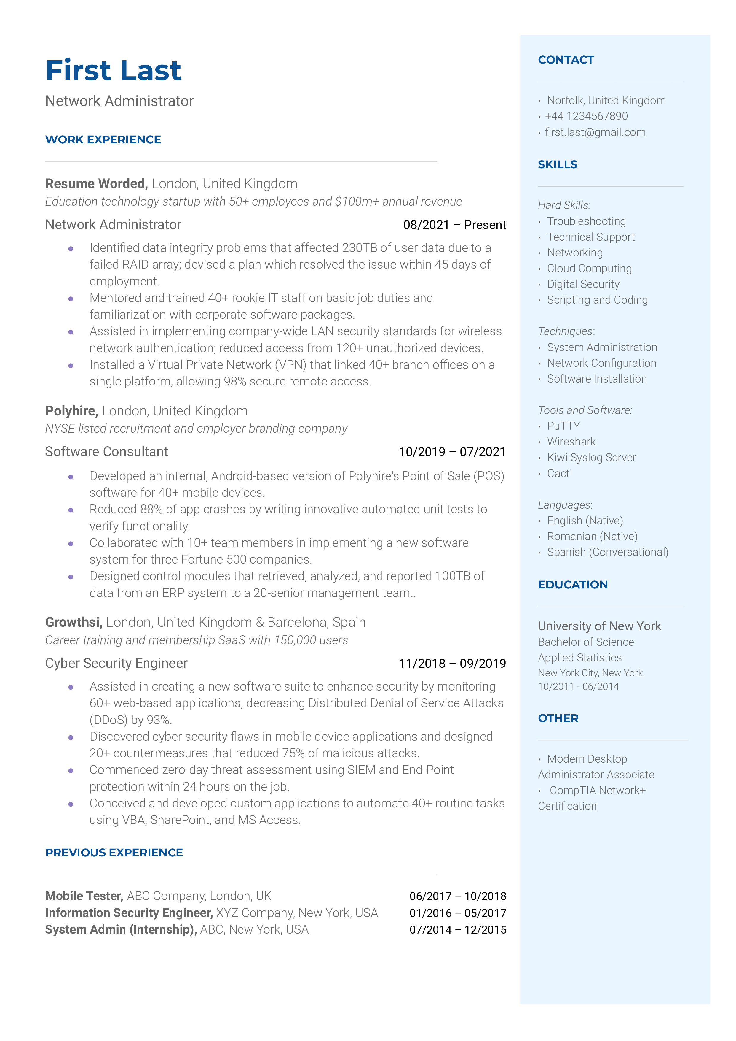 Network Administrator Resume Sample