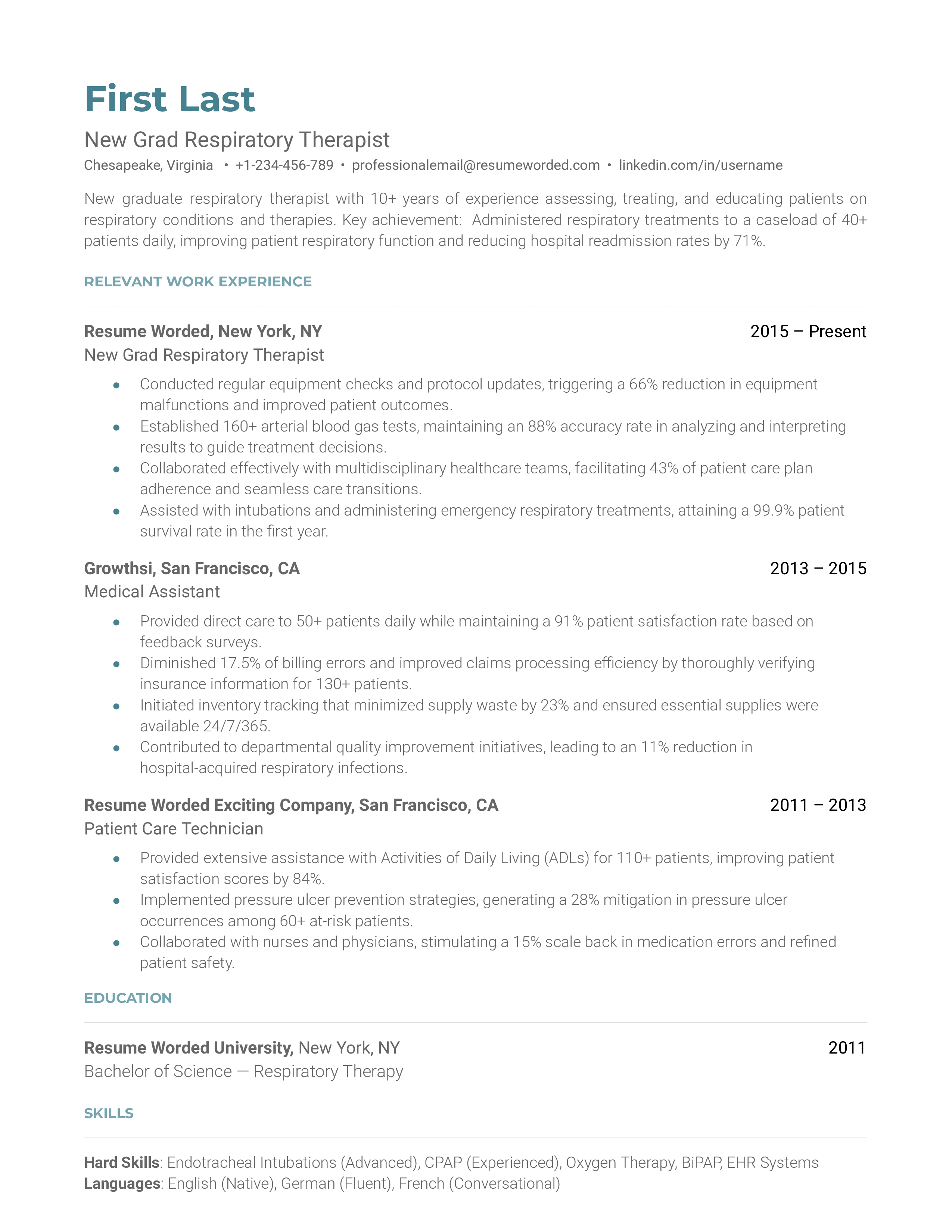 New Grad Respiratory Therapist Resume Sample