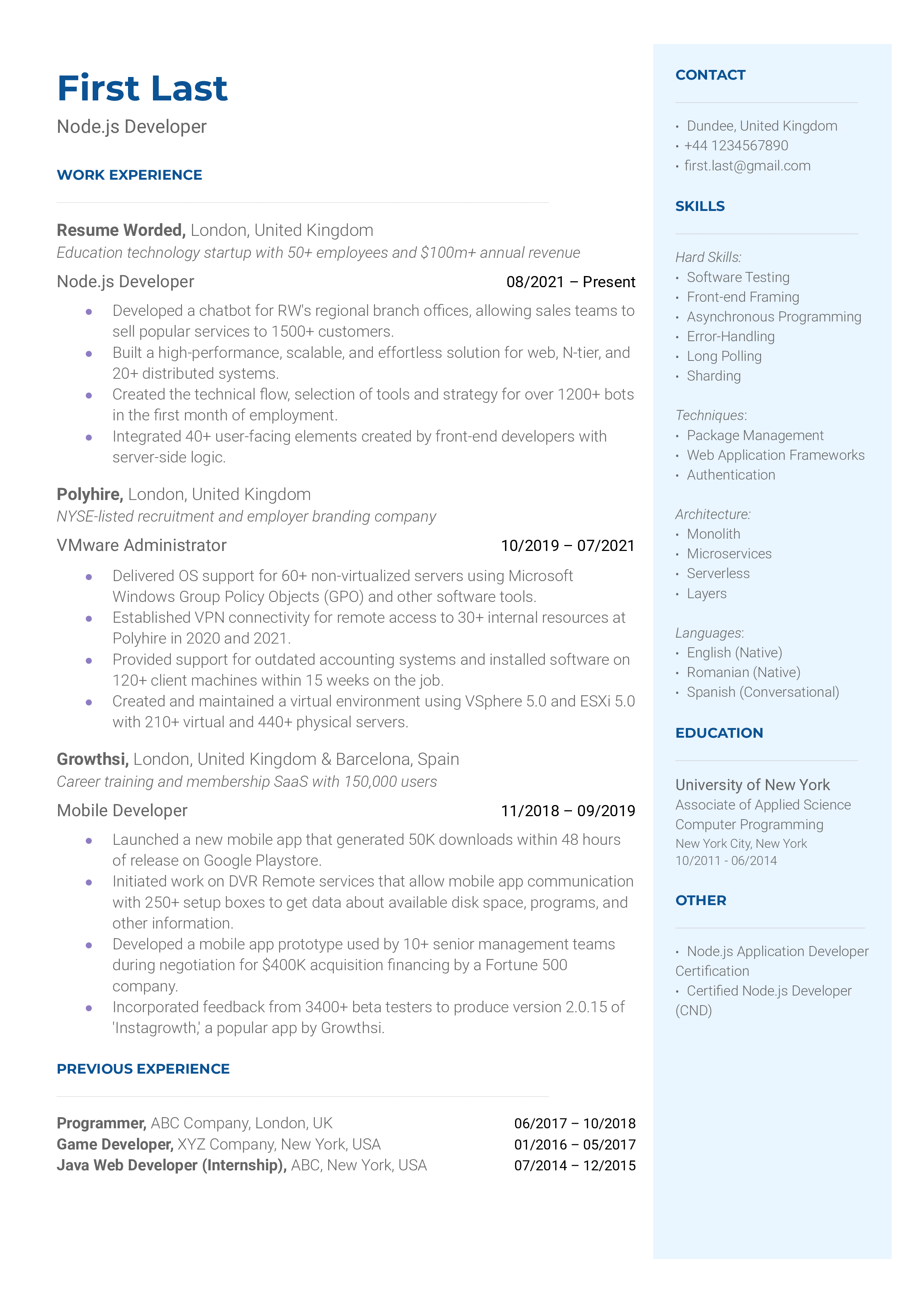 Node.js Developer Resume Sample