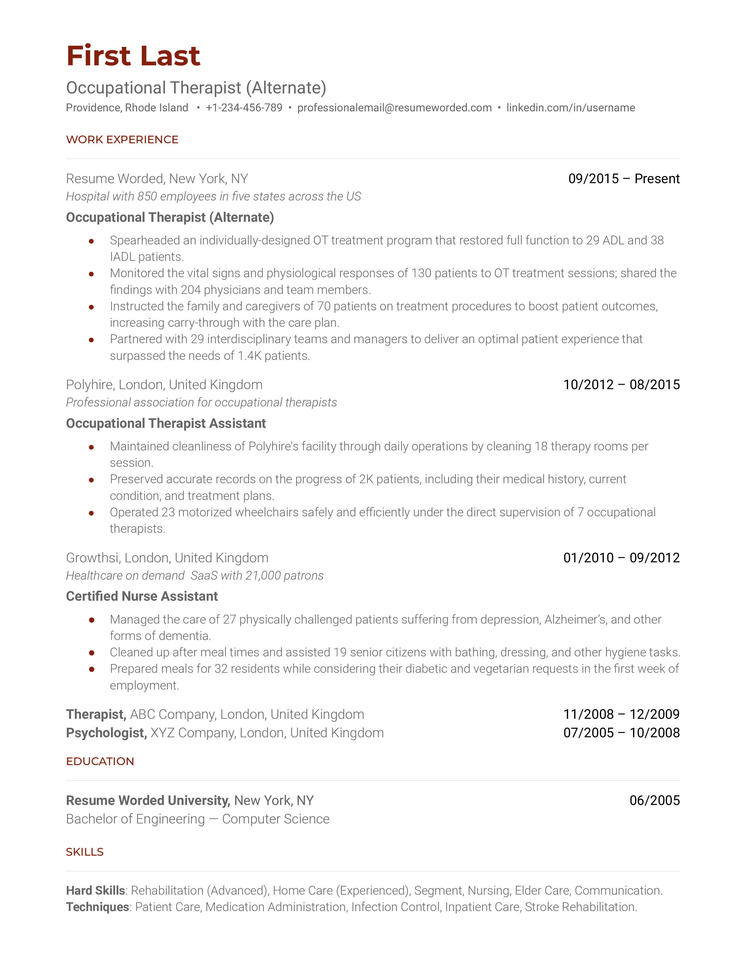 Occupational Therapist Resume Sample