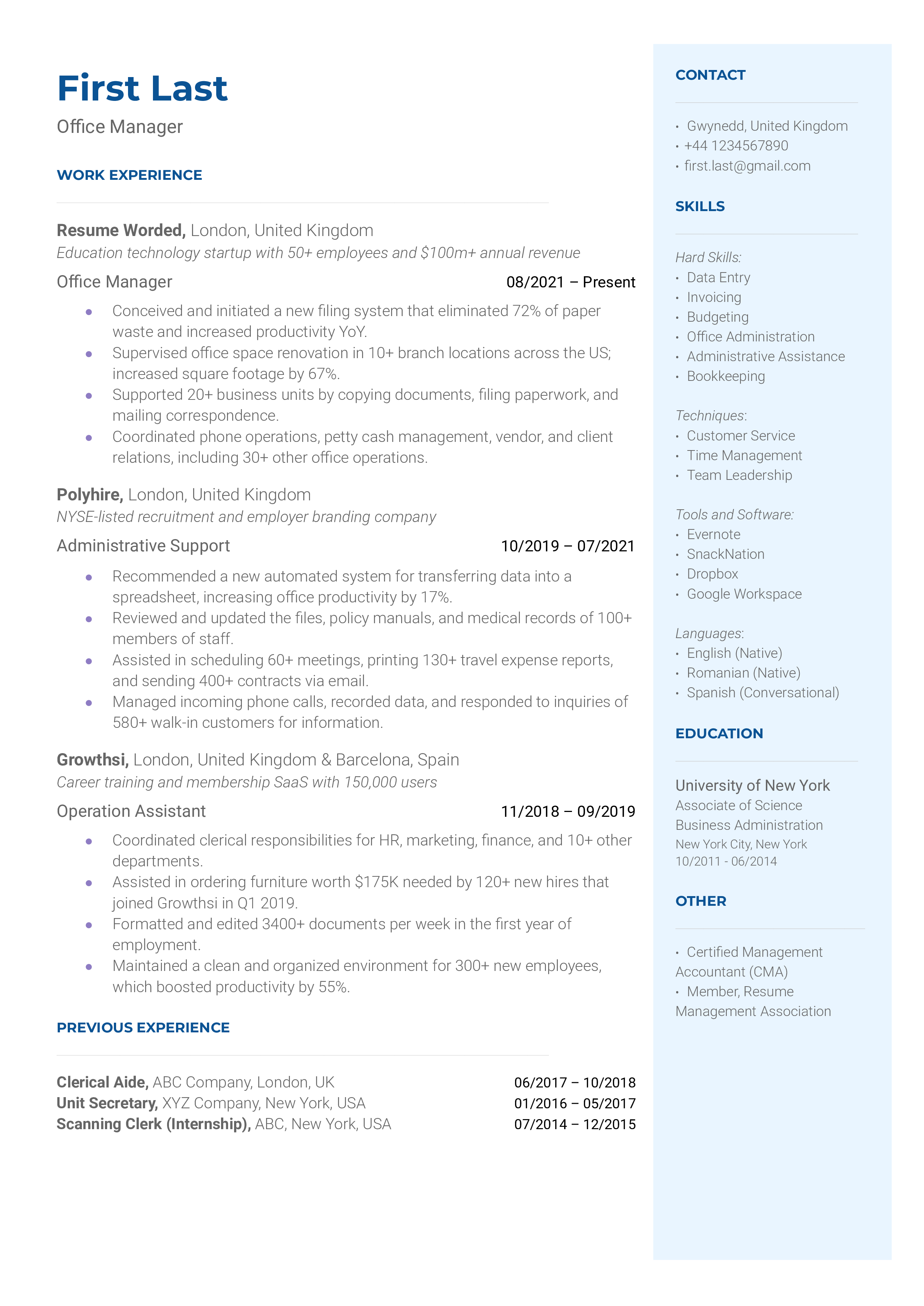 Office Manager Resume Sample