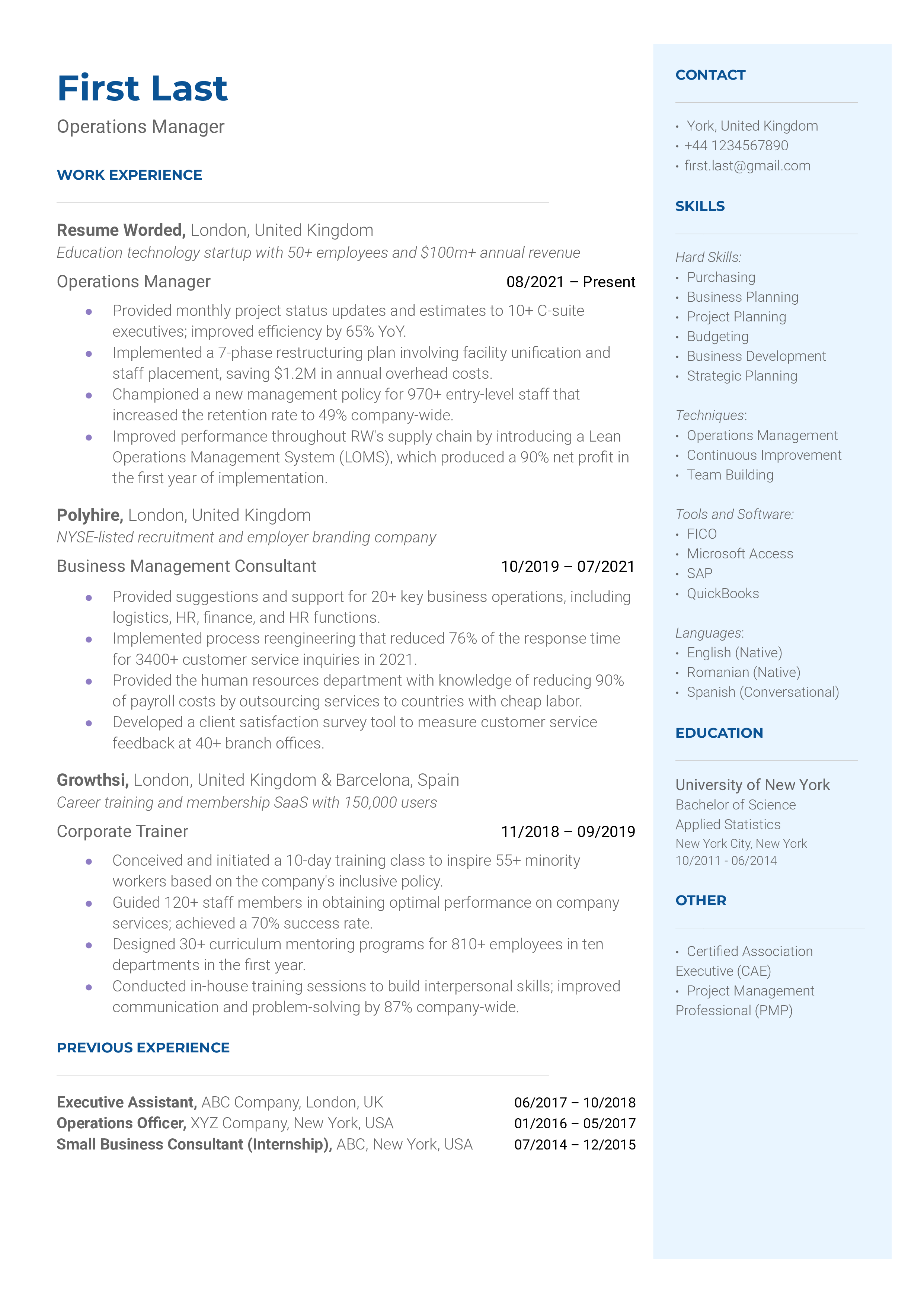 Operations Manager Resume Sample
