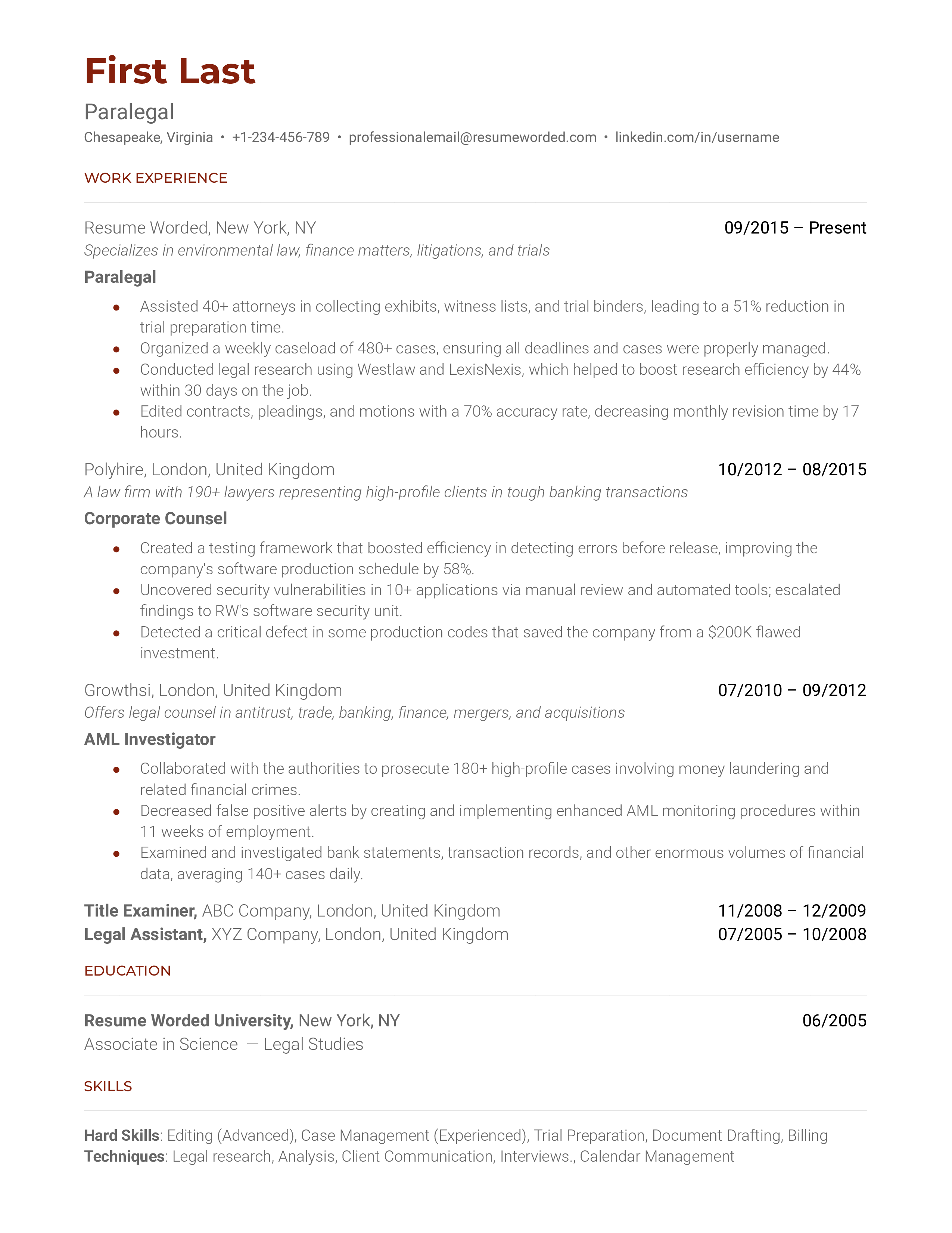 Paralegal Resume Sample
