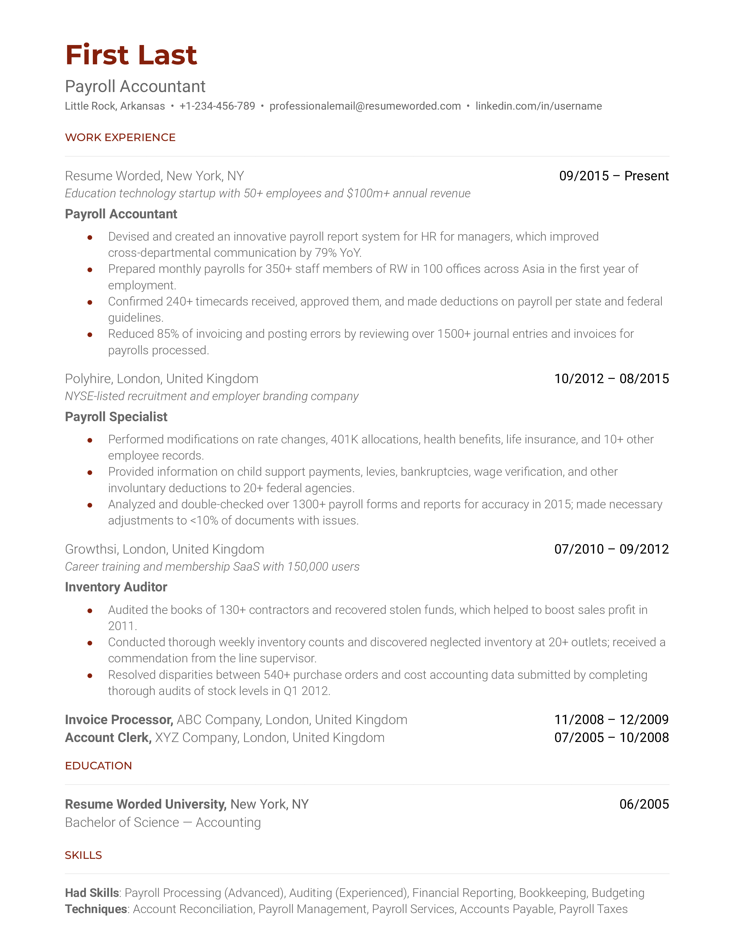 Payroll Accountant Resume Sample