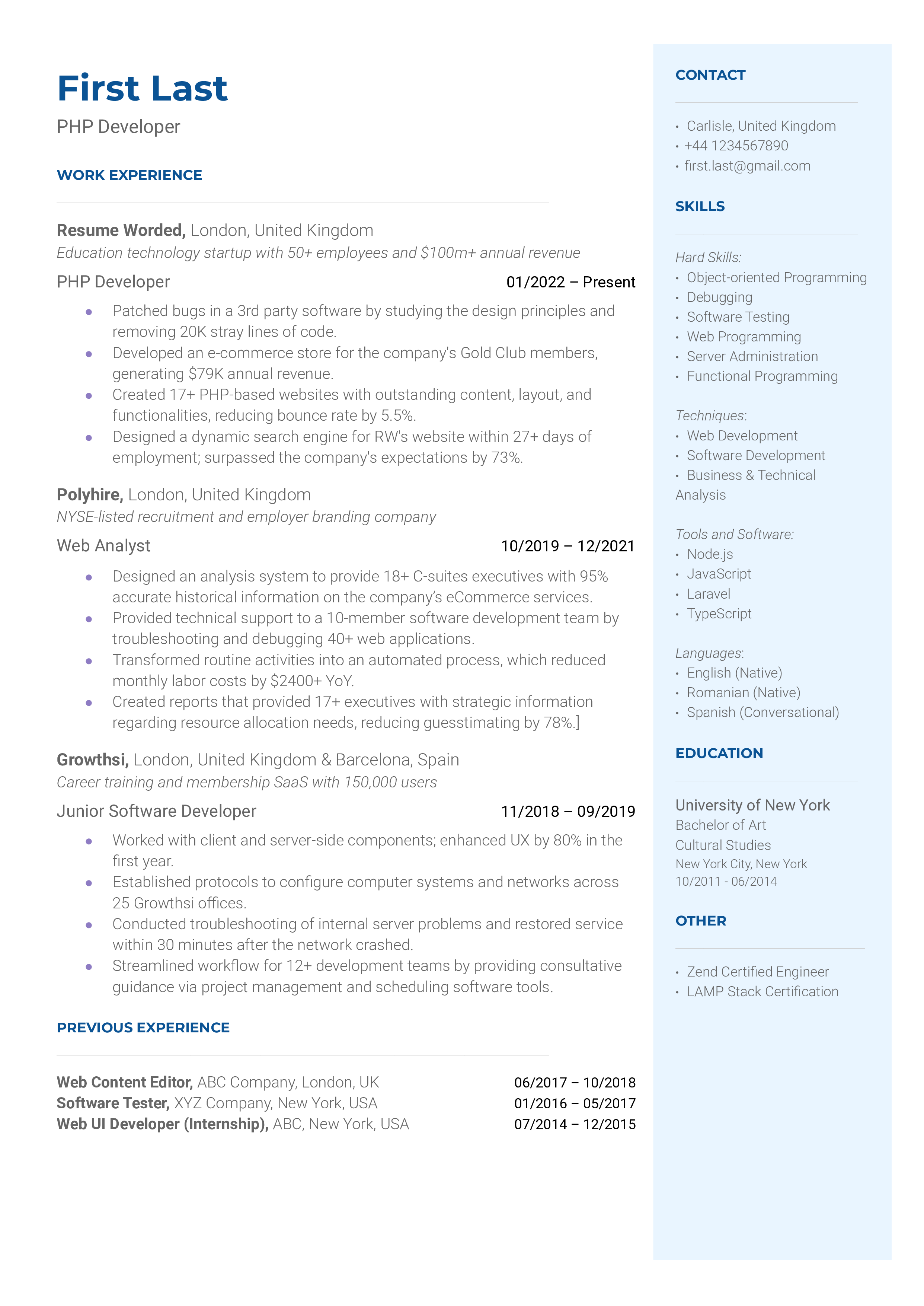 PHP Developer Resume Sample