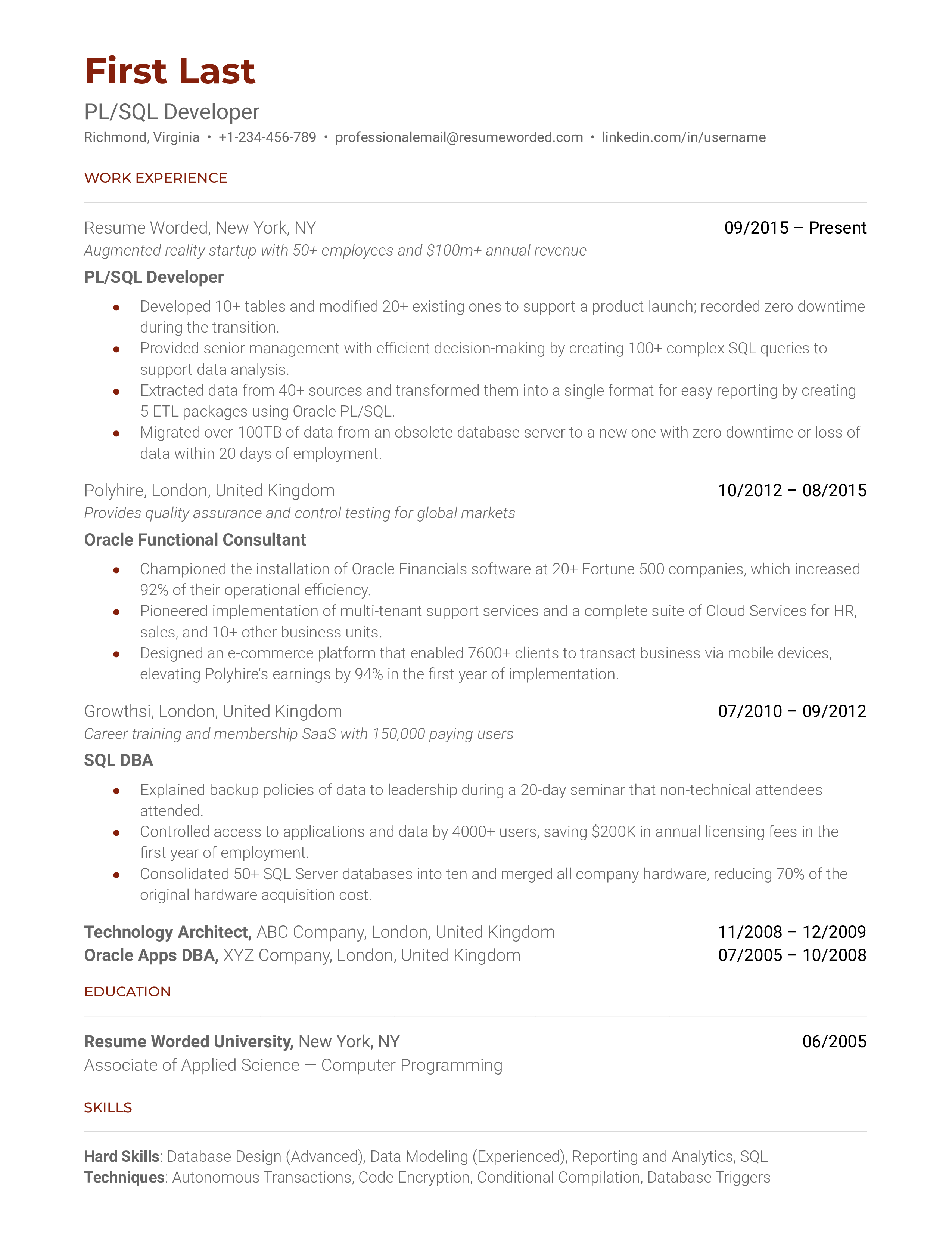 PL/SQL Developer Resume Sample
