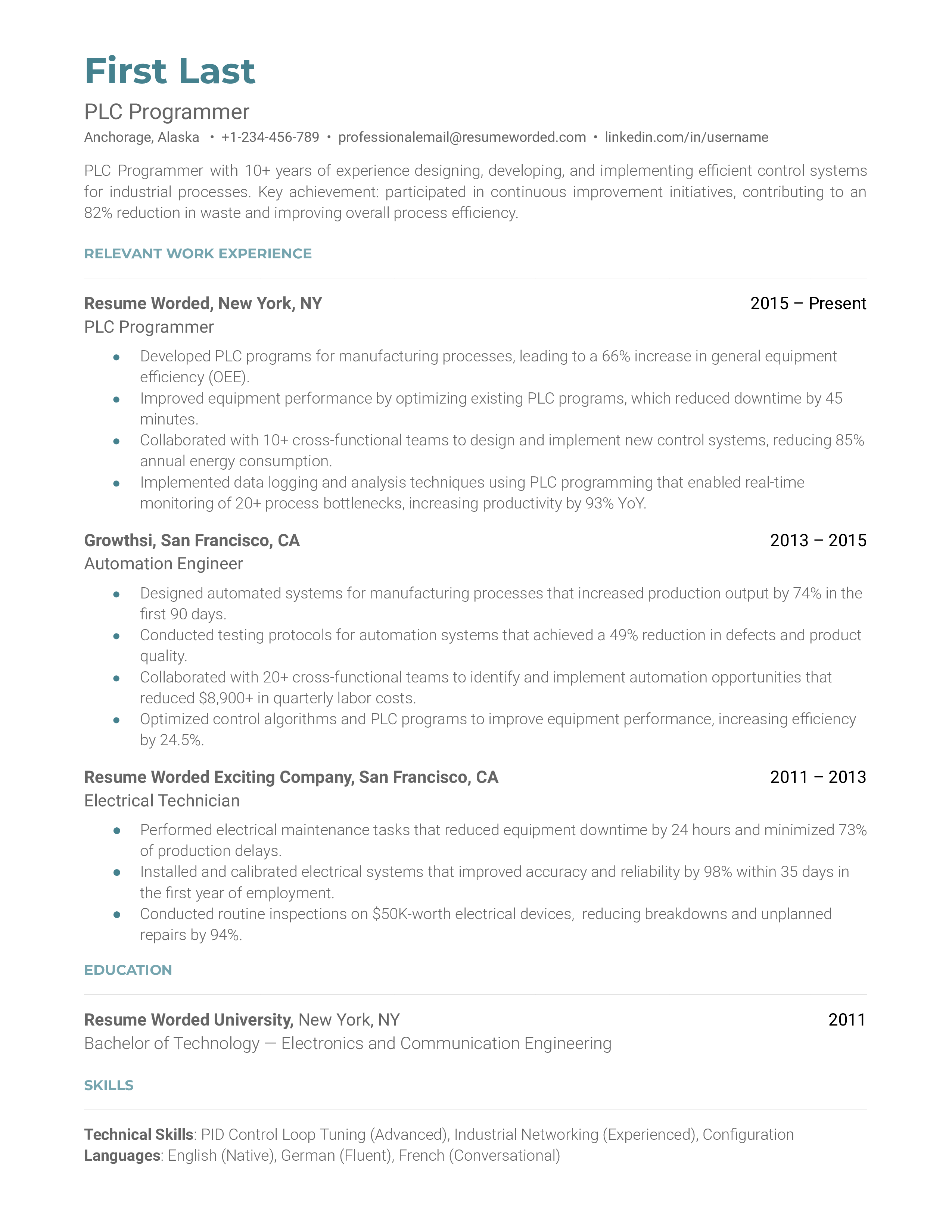 PLC Programmer Resume Sample