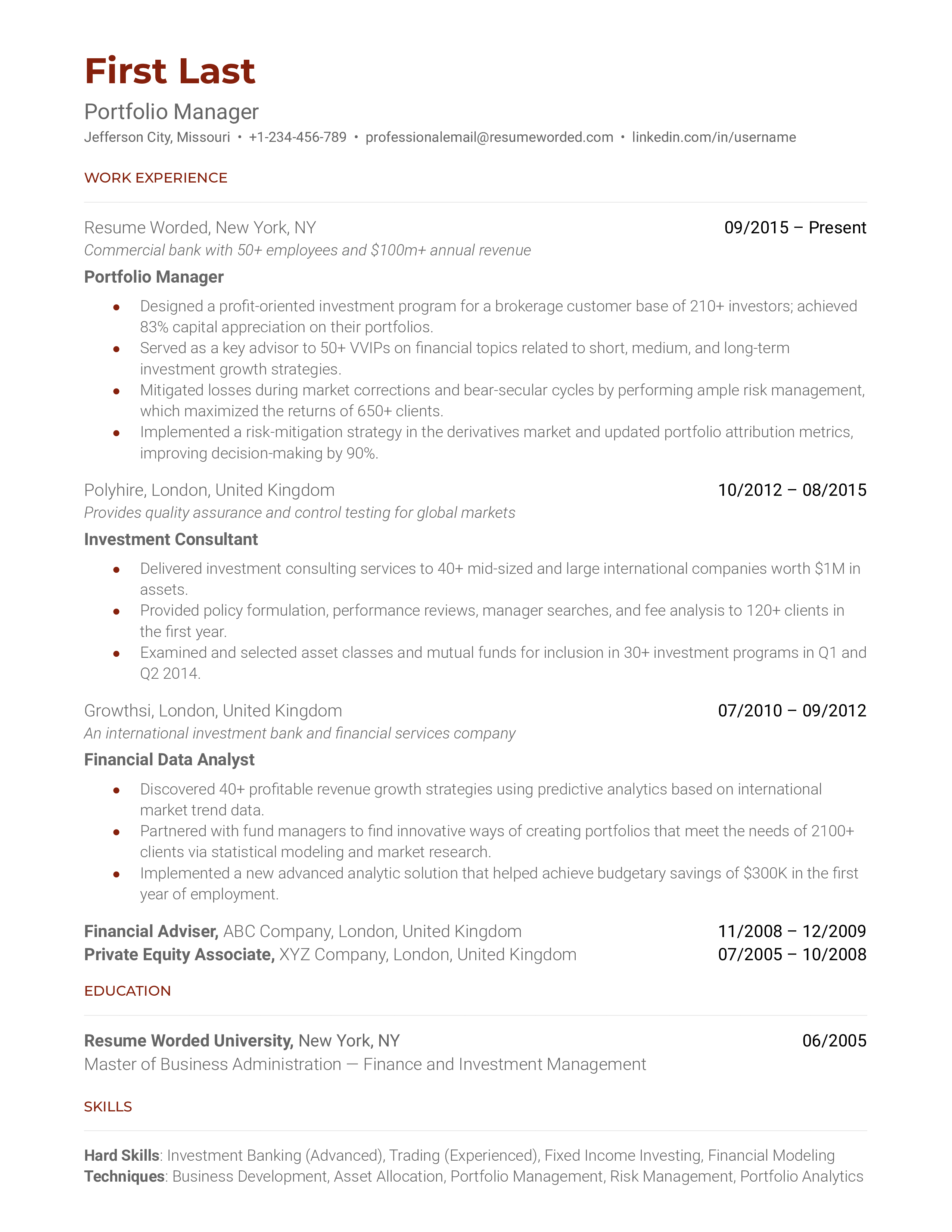 Portfolio Manager Resume Sample