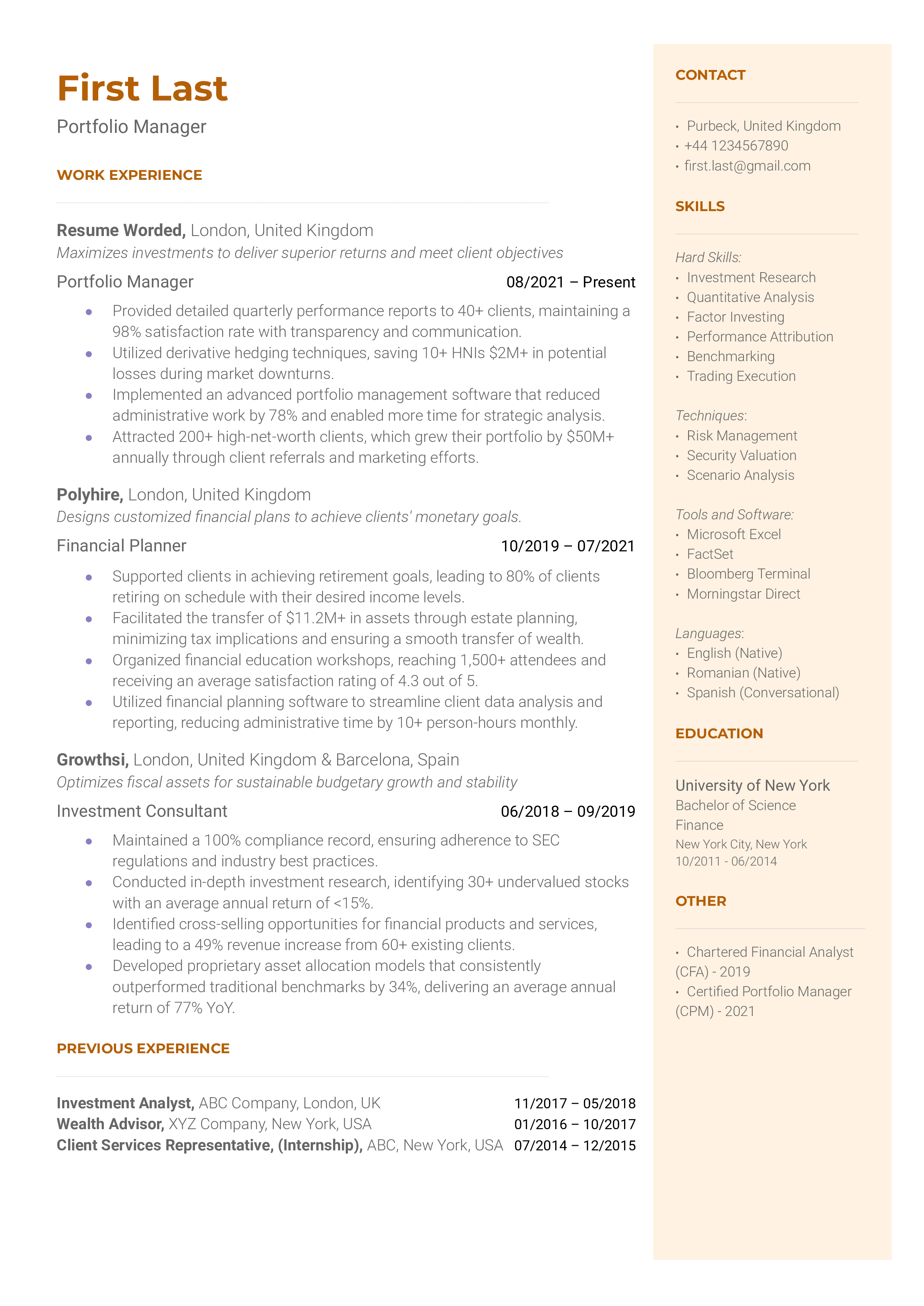 Portfolio Manager Resume Sample