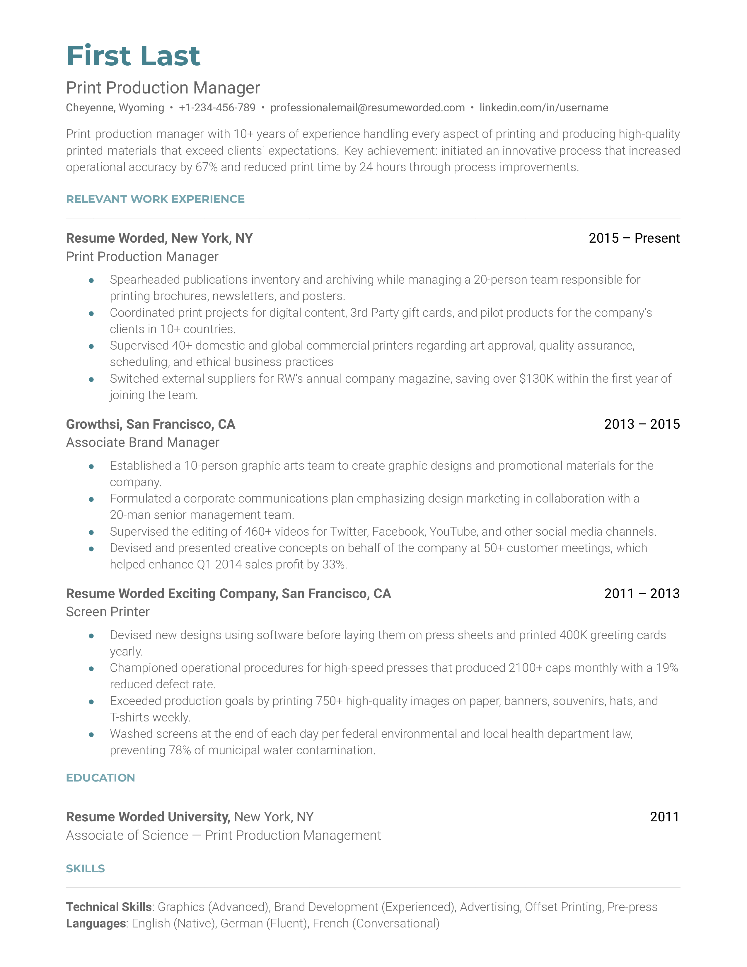 Print Production Manager Resume Sample