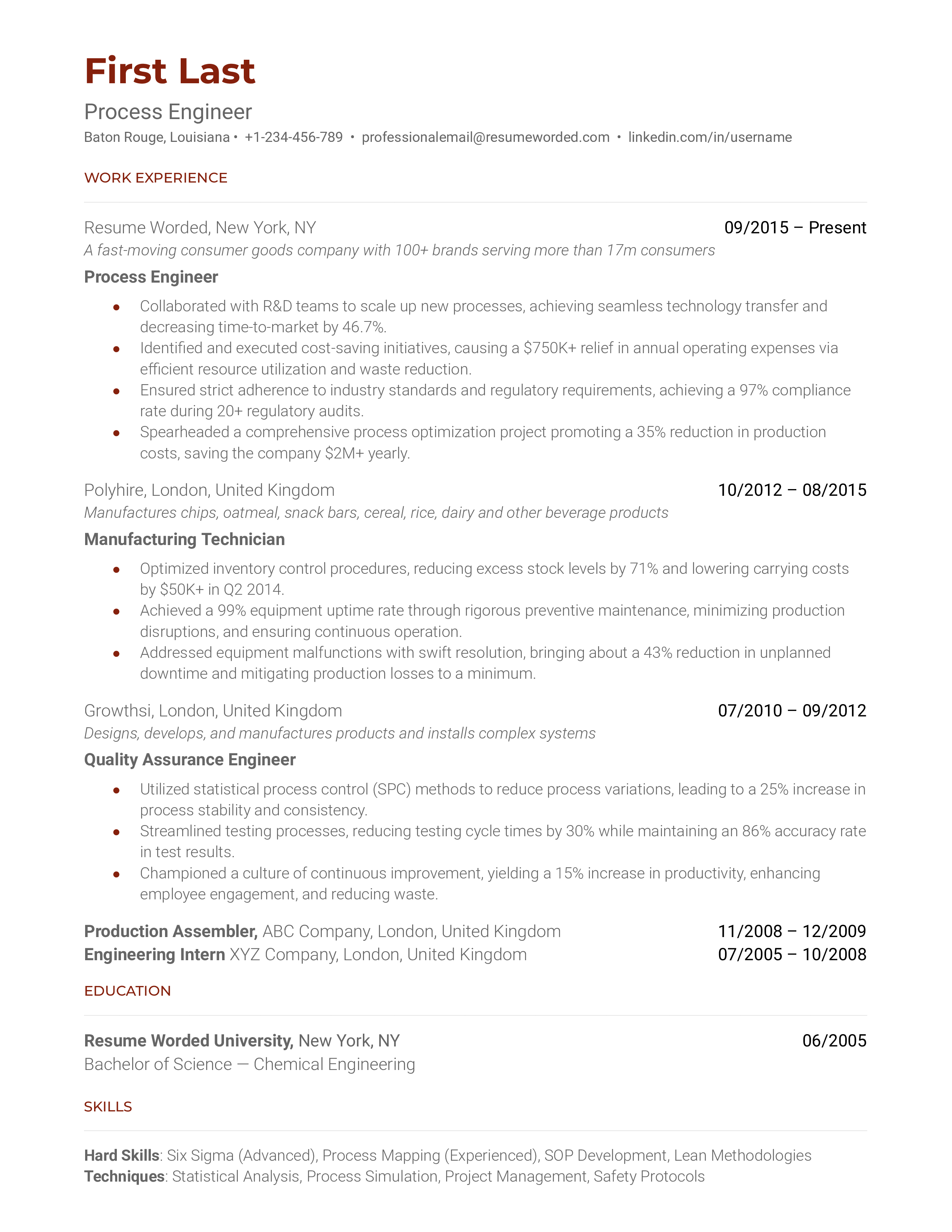 Process Engineer Resume Sample