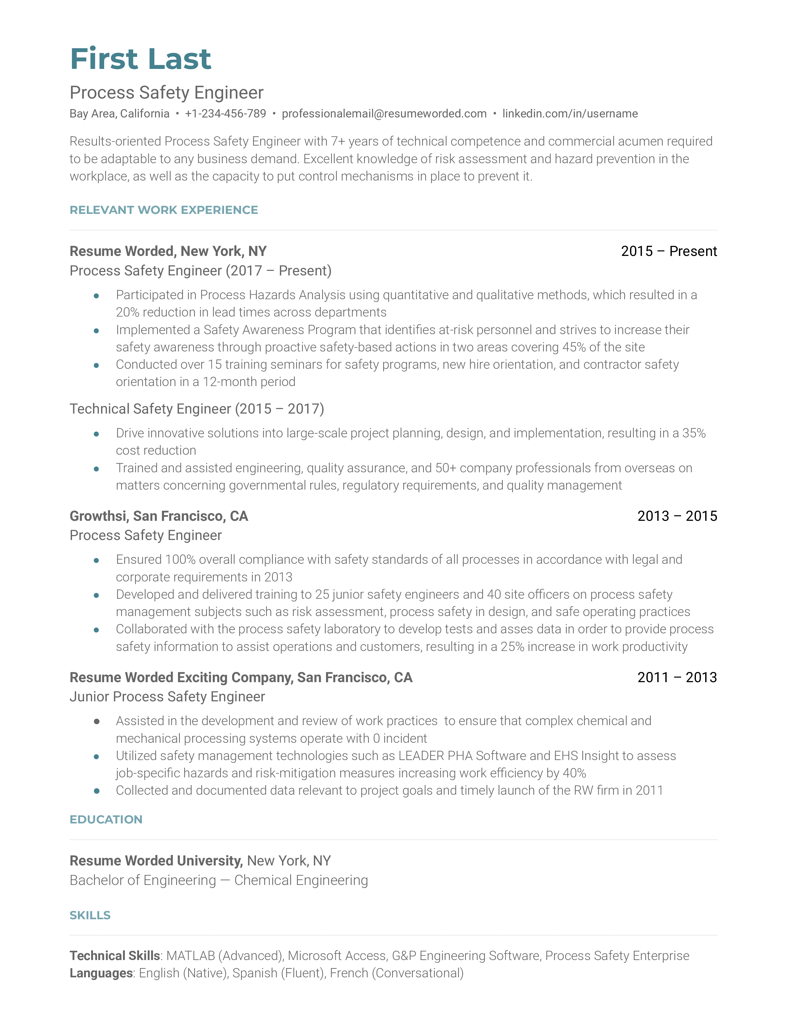 Process Safety Engineer  Resume Sample