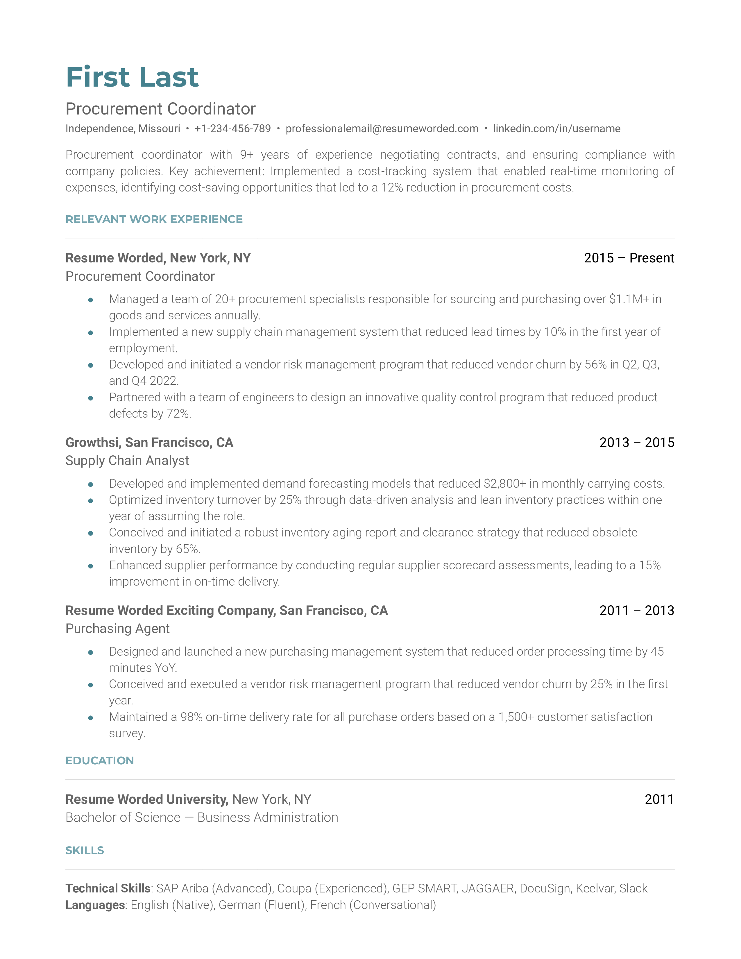 Procurement Coordinator Resume Sample