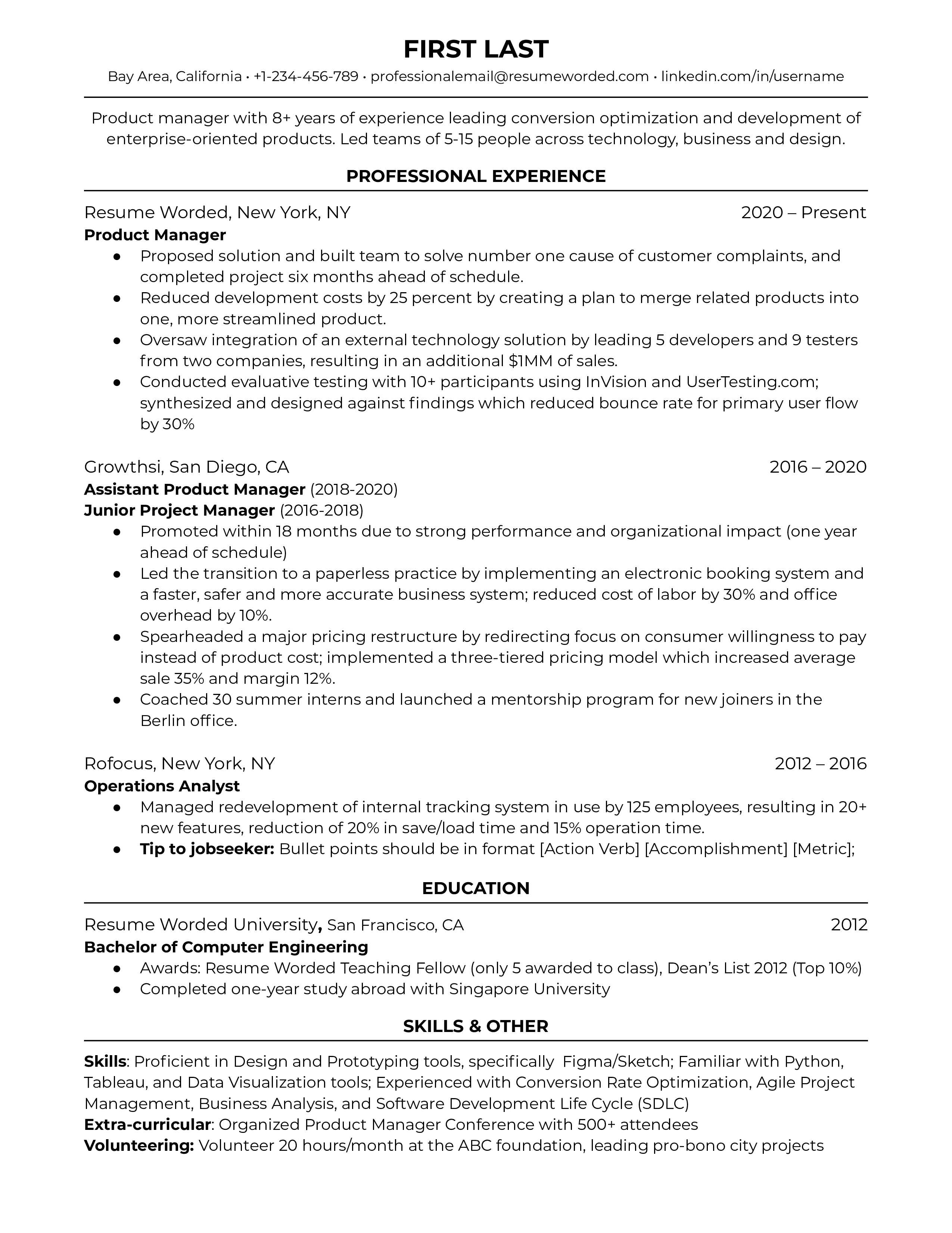 Product Manager Resume Sample