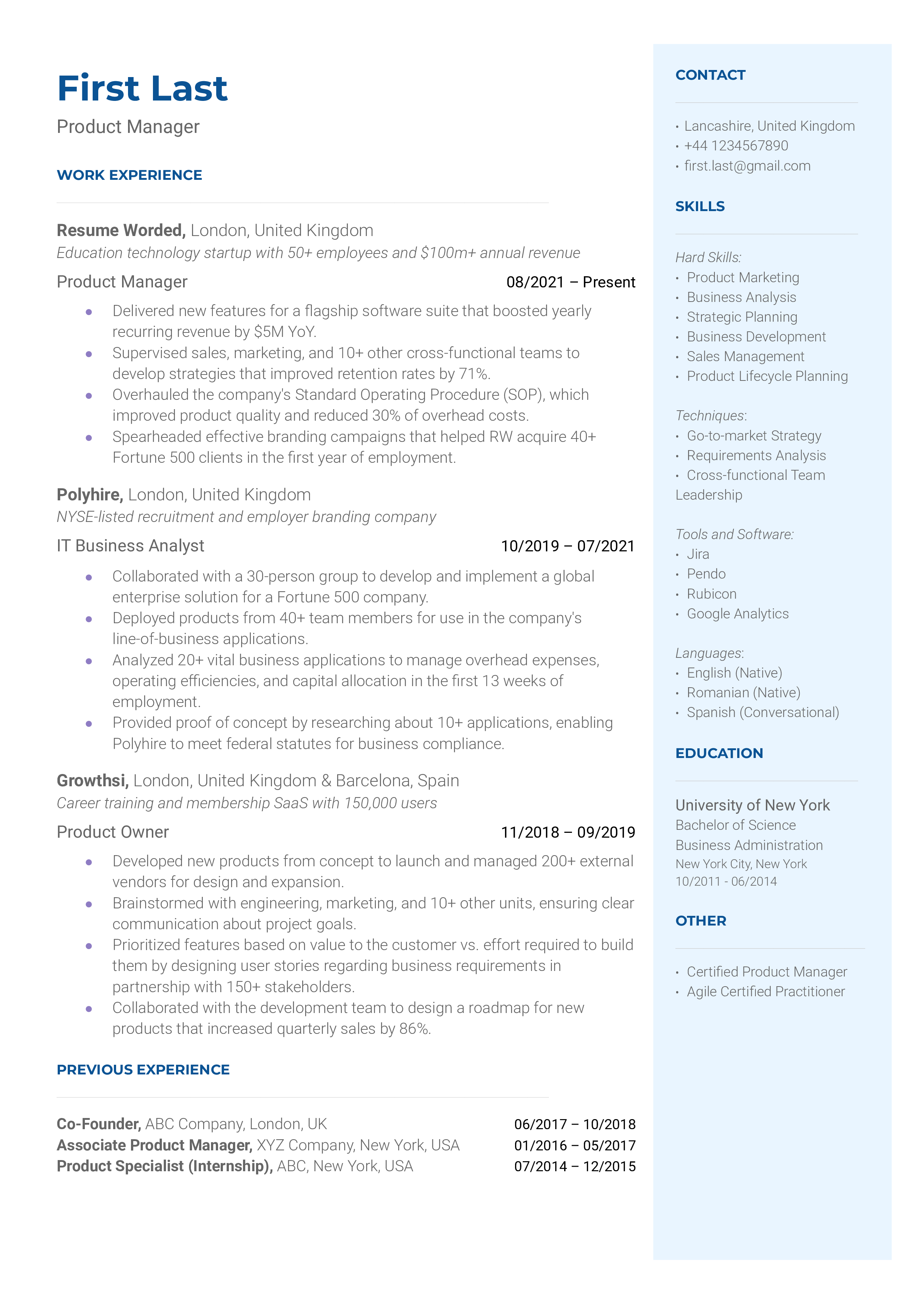 Product Manager Resume Sample
