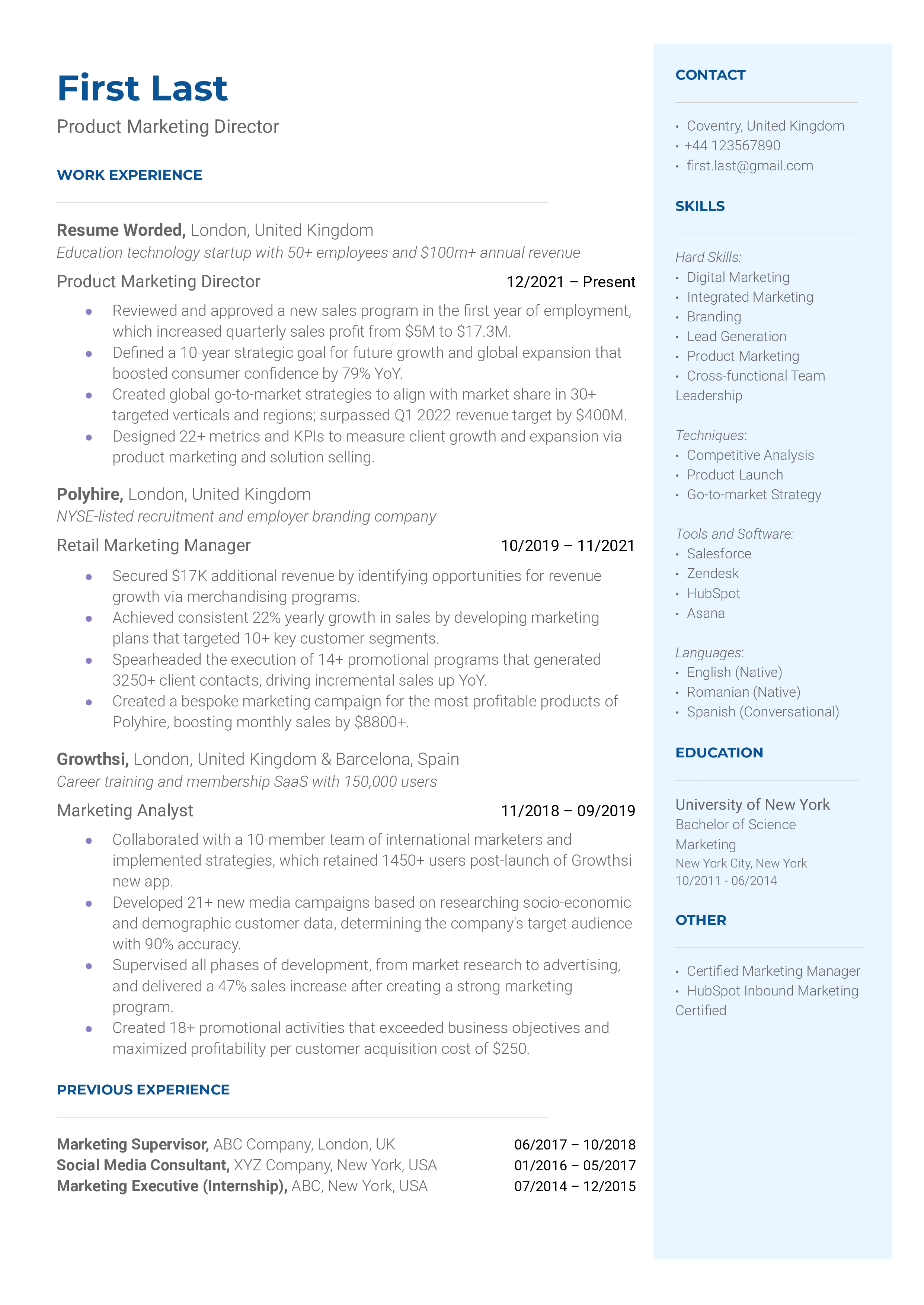 Product Marketing Director Resume Sample