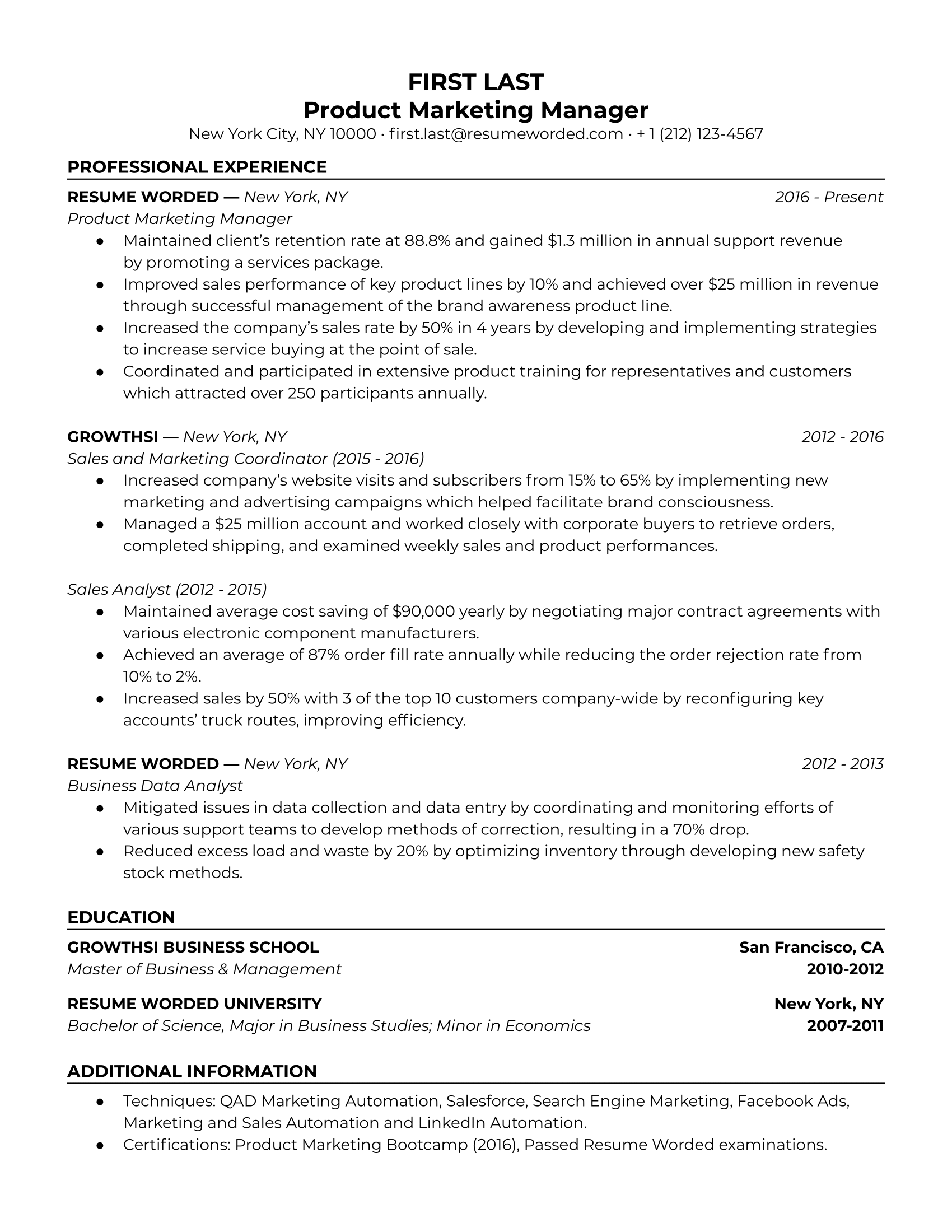 Product Marketing Manager Resume Sample
